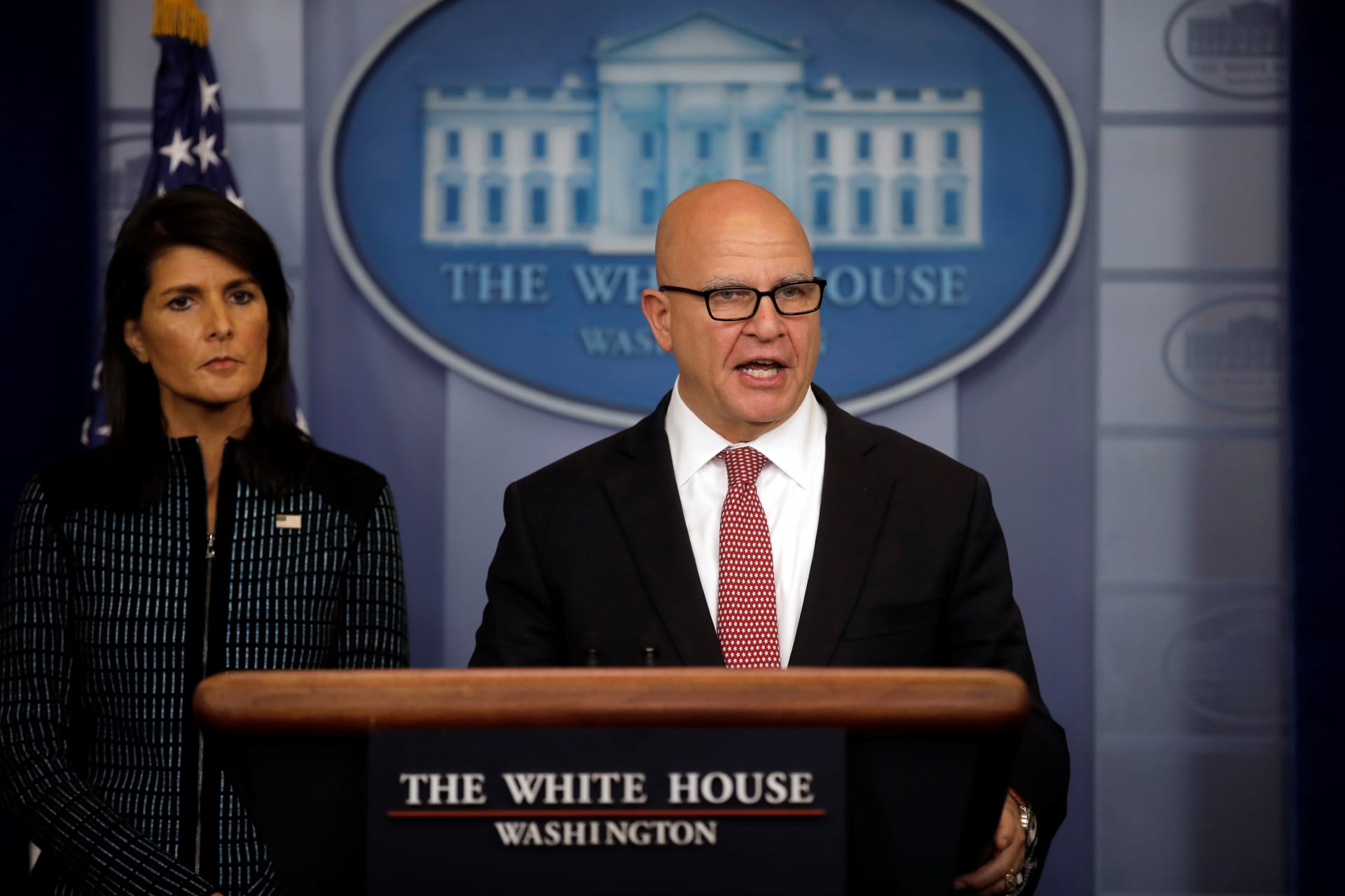 <p>National Security Advisor H.R. McMaster speaks during the daily briefing accompanied by U.S. Ambassador to the UN, Nikki Haley at the White House in Washington, DC, September 15, 2017.</p>
