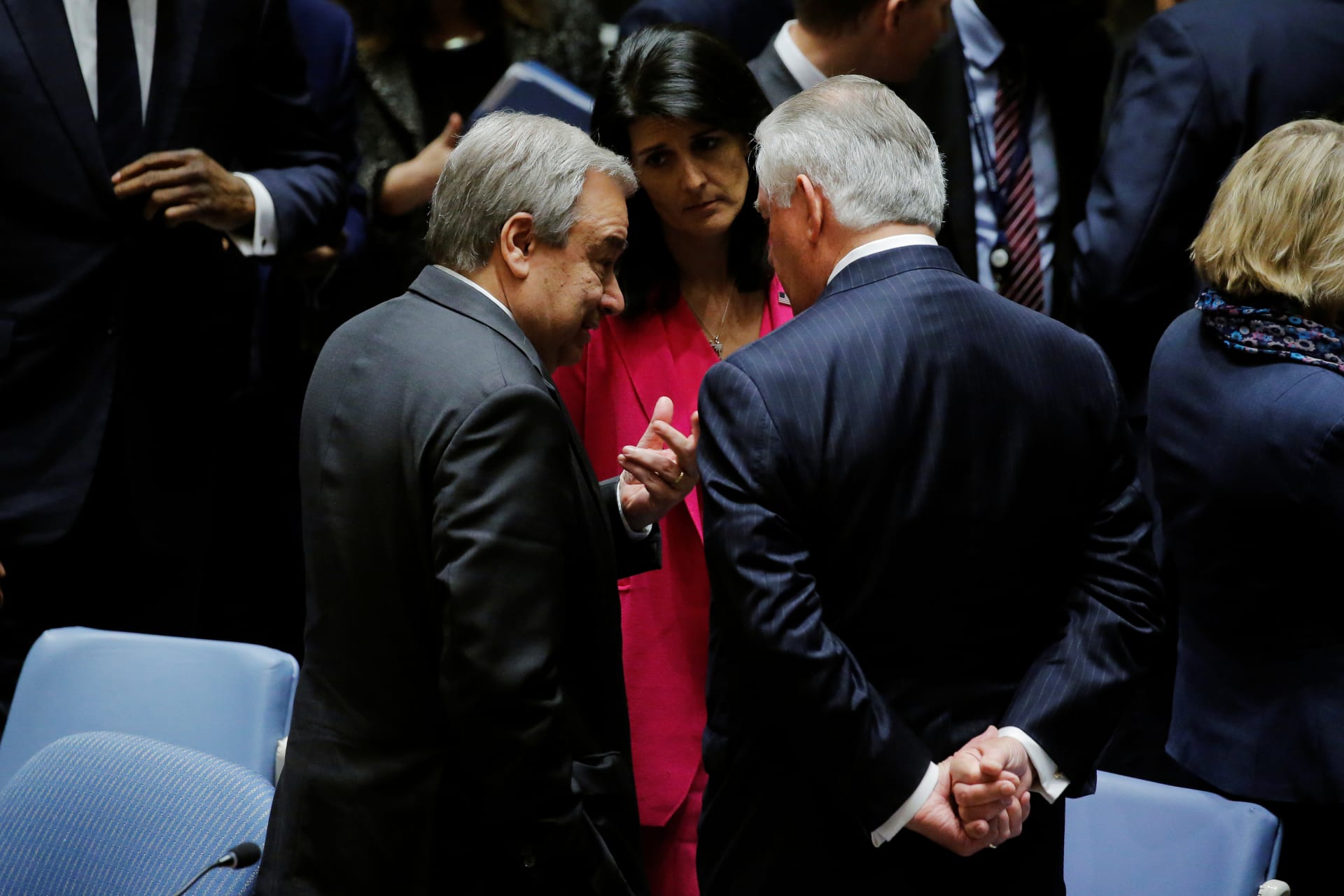 <p>U.S. Secretary of State Rex Tillerson speaks with UN Secretary General Antonio Guterres and U.S. Ambassador to the United Nations Nikki Haley following a Security Council meeting at the United Nations in New York on April 28, 2017.</p>
