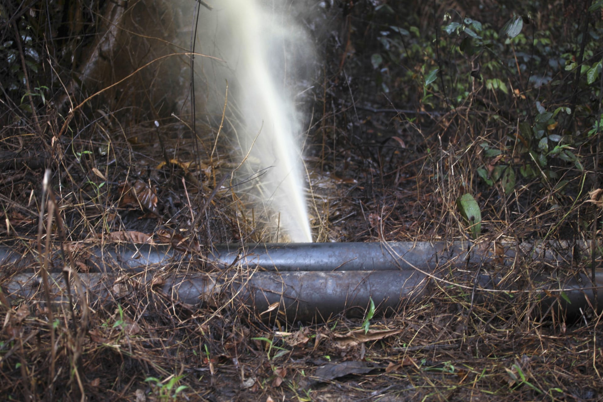 <p>An oil pipeline spews oil after a leak in Nigeria’s oil state of Bayelsa November 26, 2012. Thousands of people in Nigeria engage in a practice known locally as ‘oil bunkering’—hacking into pipelines to steal crude then refining it or selling it abroad.</p>
