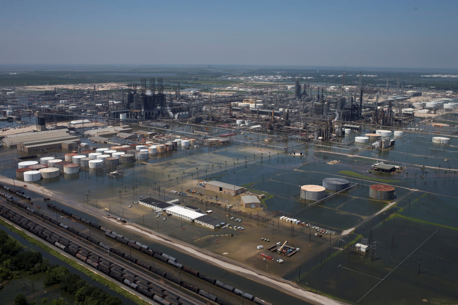 <p>Flood waters caused by Tropical Storm Harvey encompass the Motiva Enterprises LLC in Port Arthur, Texas, U.S. August 31, 2017.</p>
