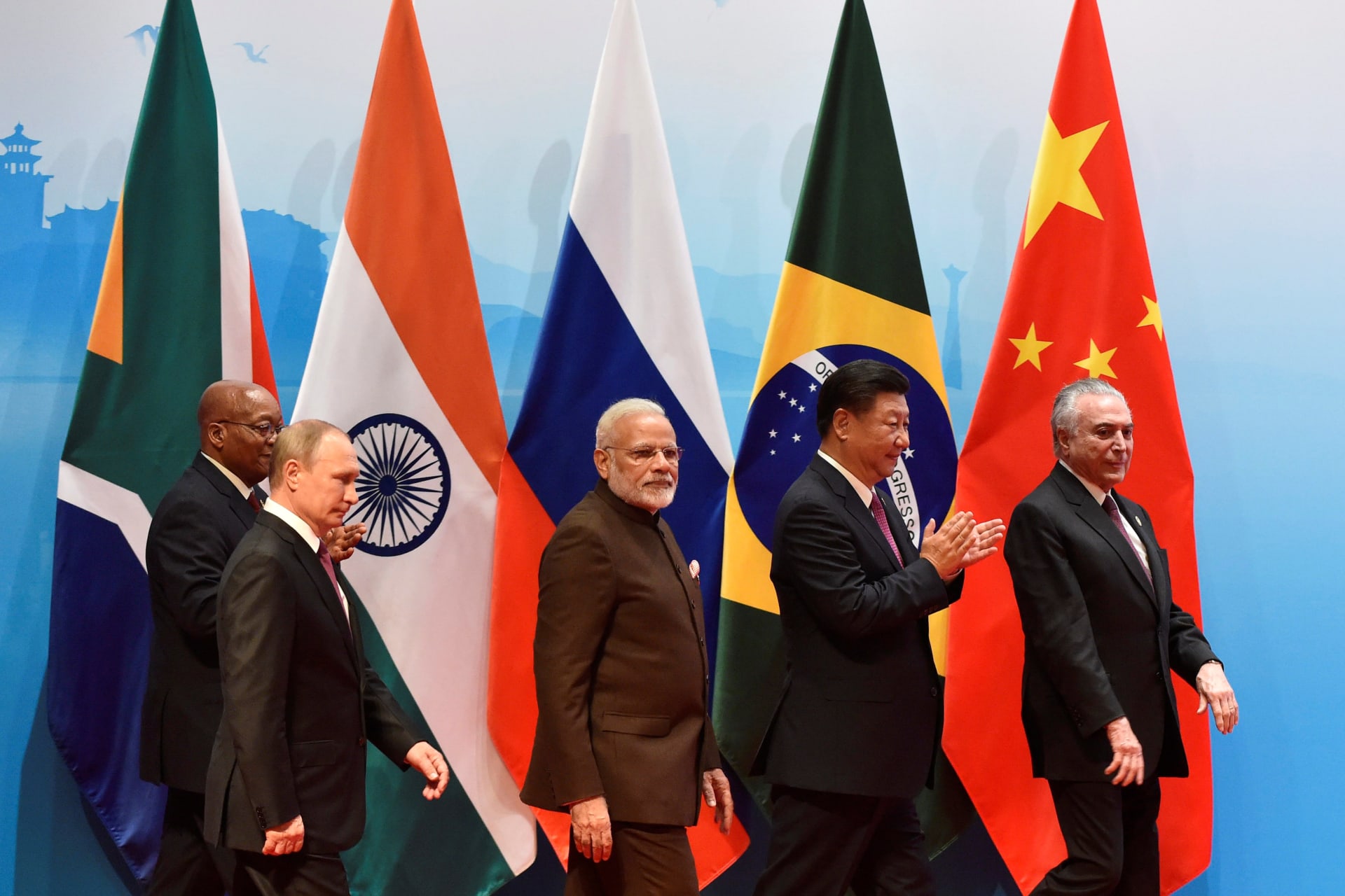 <p>The leaders of China, Russia, Brazil, South Africa, and India at the BRICS summit in Xiamen, China.</p>
