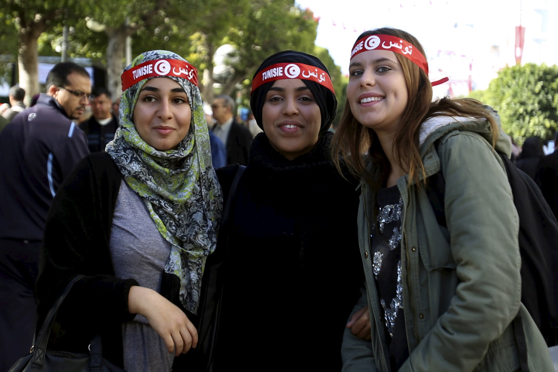 <p>Tunisian women pose during celebrations marking the fifth anniversary of Tunisia’s 2011 revolution, in Habib Bourguiba Avenue in Tunis, Tunisia January 14, 2016. Tunisia is seen as leader for asserting women’s rights in the region.</p>
