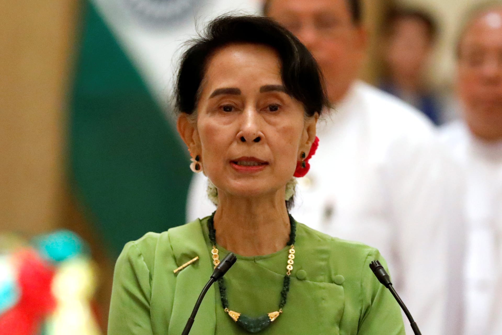<p>Myanmar State Counselor Aung San Suu Kyi talks during a news conference with India’s Prime Minister Narendra Modi in Naypyitaw, Myanmar on September 6, 2017.</p>
