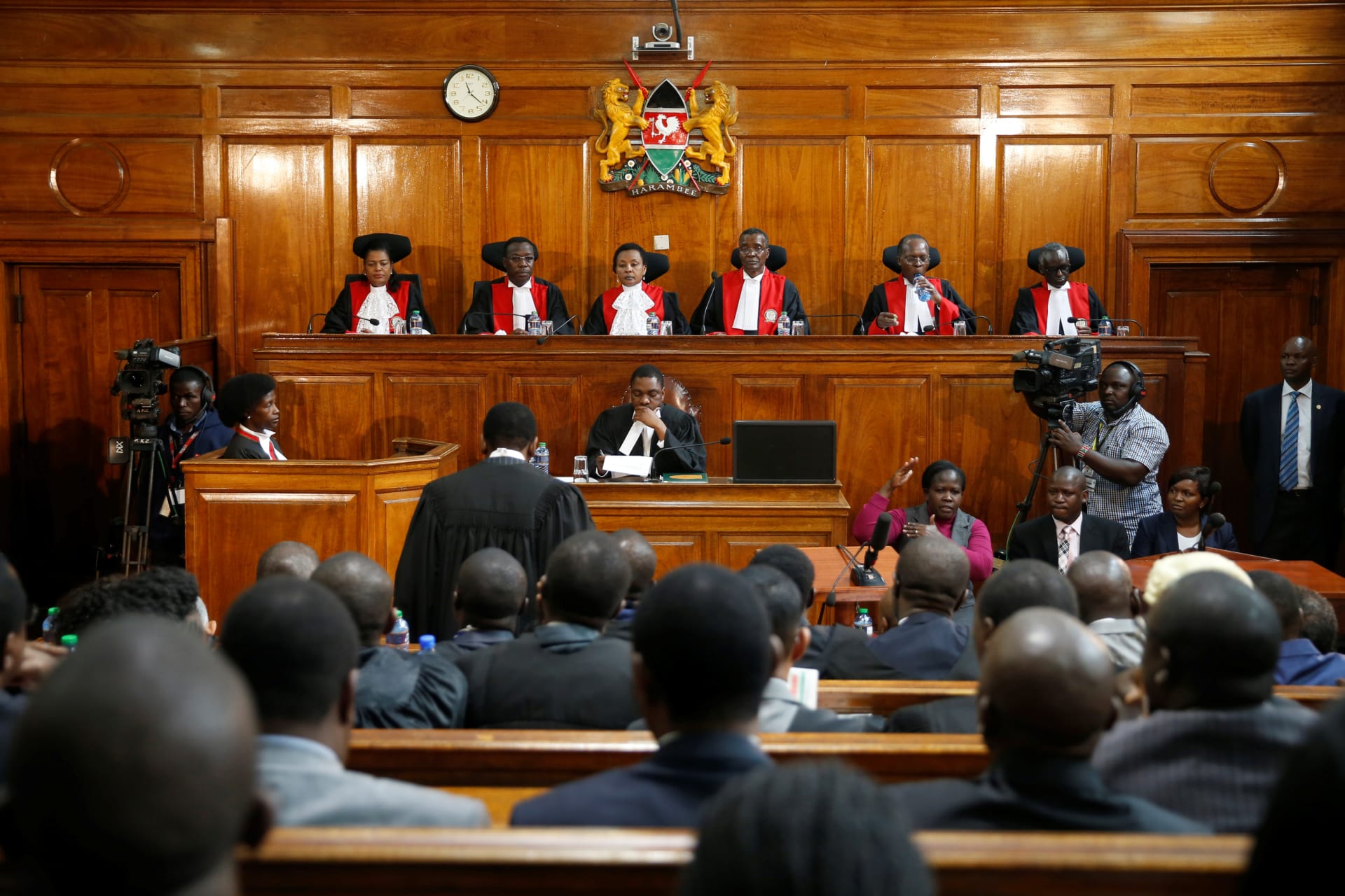 <p>Kenya’s Supreme Court judges preside before delivering their ruling in Nairobi, Kenya, on September 1, 2017, annulling last month’s presidential election, which Uhuru Kenyatta had won.</p>
