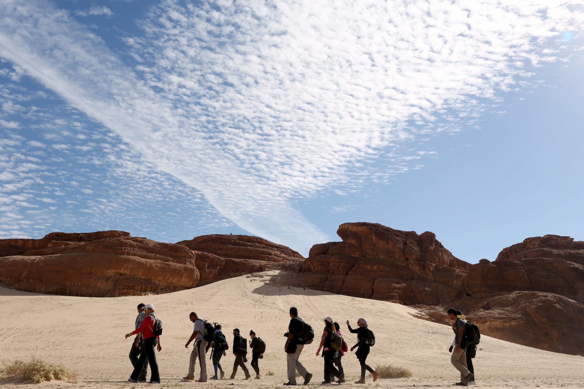 <p>Hikers walk in the Wadi Hudra area in South Sinai, Egypt (Asmaa Waguih/Reuters).</p>
