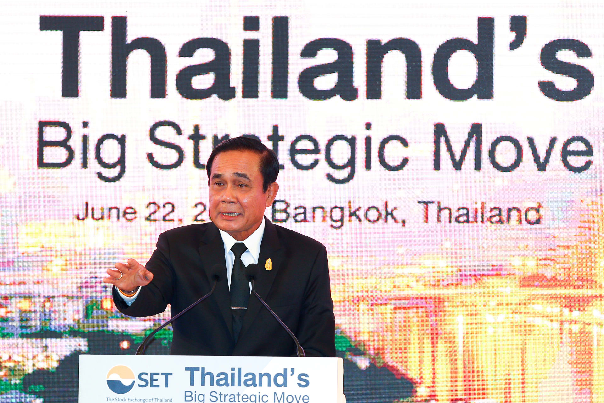 <p>Thailand’s Prime Minister Prayuth Chan-ocha speaks during the “Thailand’s Big Strategic Move” conference in Bangkok, Thailand, on June 22, 2017. </p>

