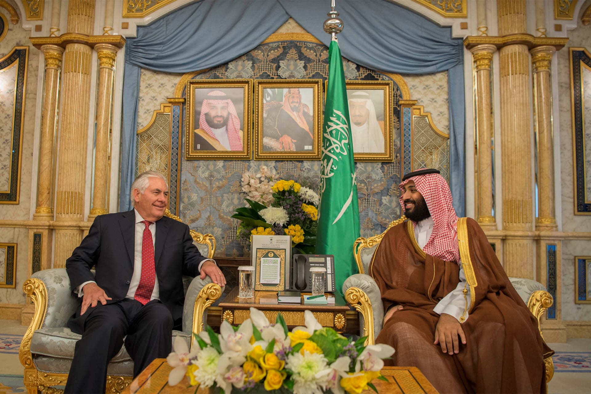 <p>Saudi Crown Prince Mohammed bin Salman meets with U.S. Secretary of State Rex Tillerson in Jeddah, Saudi Arabia (Bandar Algaloud/Courtesy of Saudi Royal Court/Handout via Reuters).</p>
