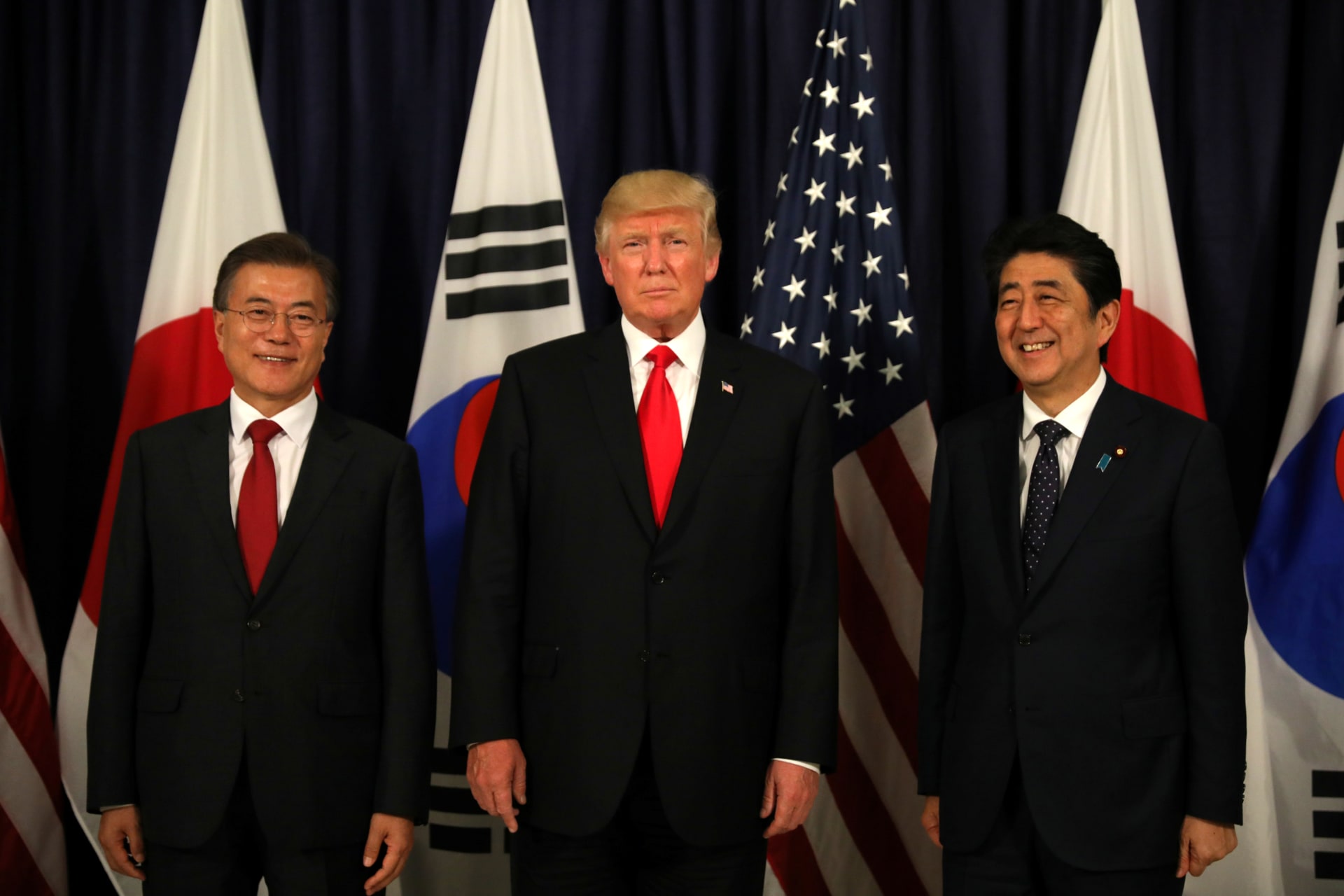 <p>U.S. President Donald Trump meets South Korea’s President Moon Jae-In and Japanese Prime Minister Shinzo Abe ahead the G20 leaders summit in Hamburg, Germany on July 6, 2017. </p>
