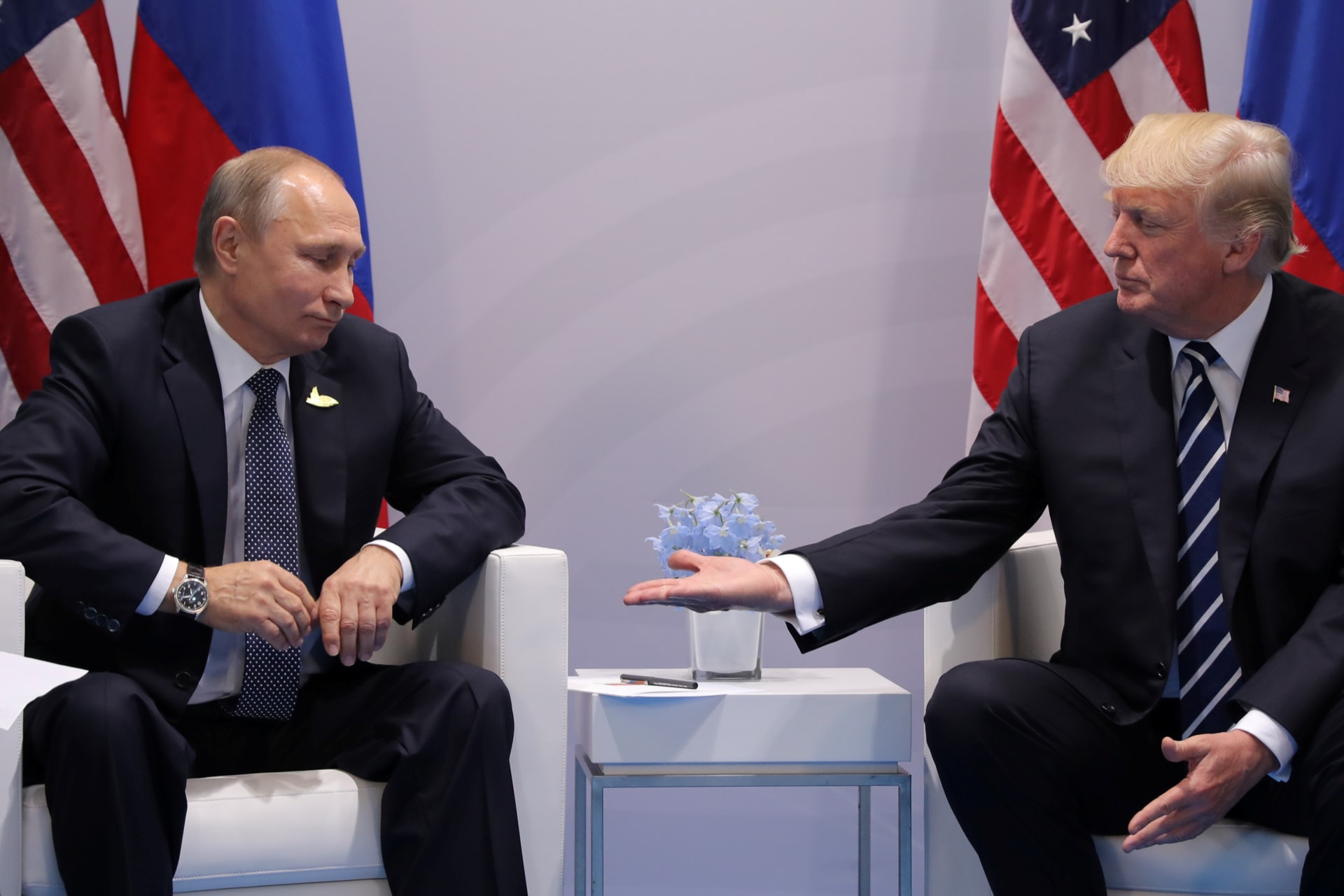 <p>President Donald Trump meets with Russian President Vladimir Putin during the their bilateral meeting at the G20 summit in Hamburg.</p>
