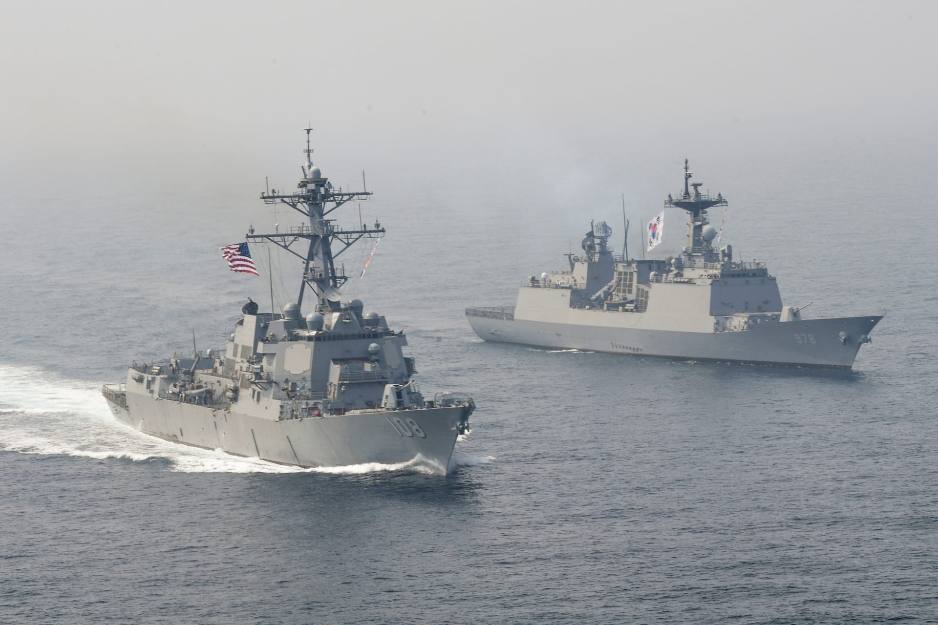 <p>The U.S. Navy Arleigh Burke-class guided-missile destroyer USS Wayne E. Meyer sails alongside South Korean multirole guided-missile destroyer Wang Geon during a bilateral exercise in the western Pacific Ocean. April 25, 2017.</p>
