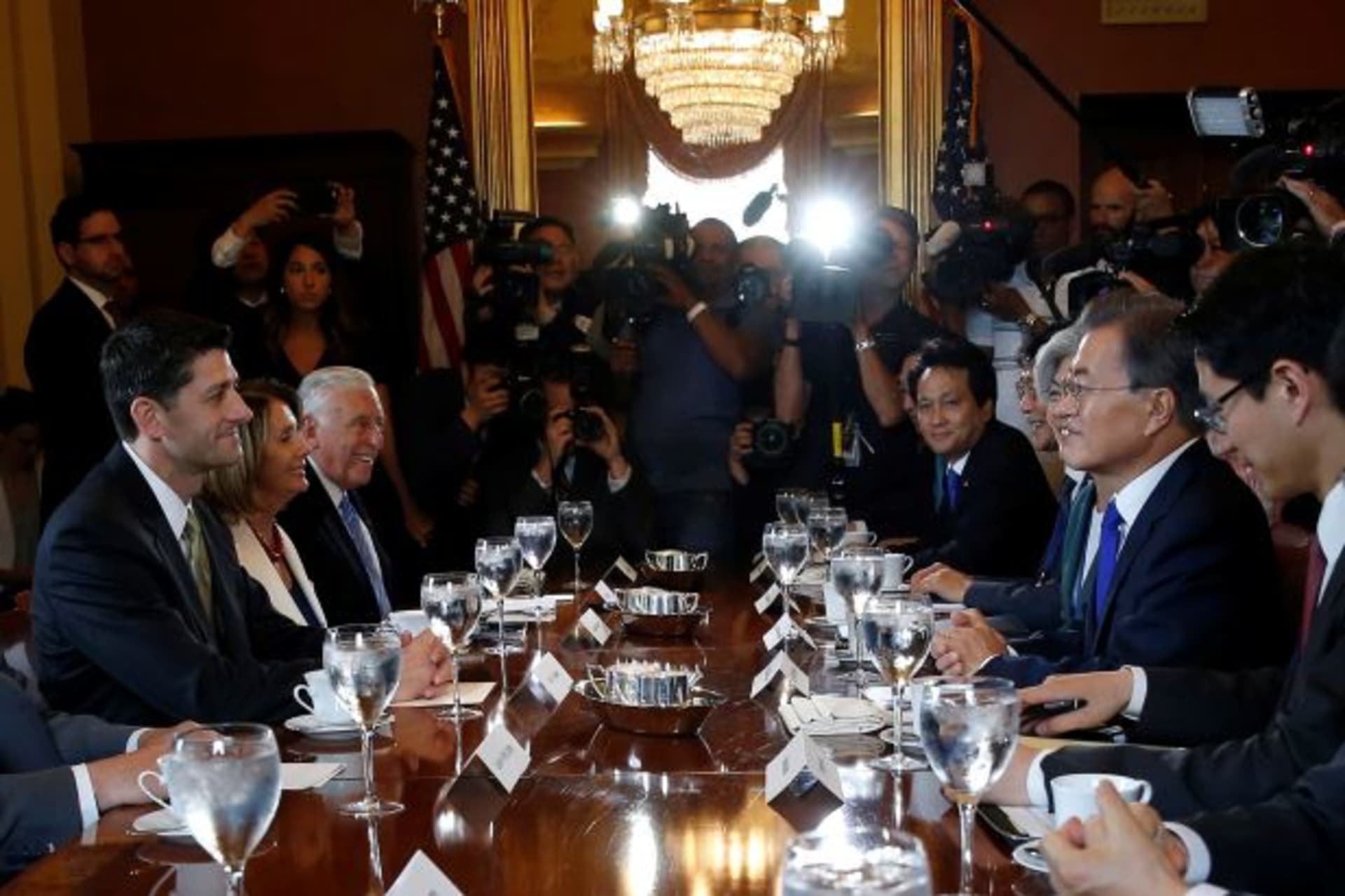 <p>Speaker of the House Paul Ryan (R-WI) meets with South Korean President Moon Jae-in on Capitol Hill in Washington, U.S., June 29, 2017.</p>
