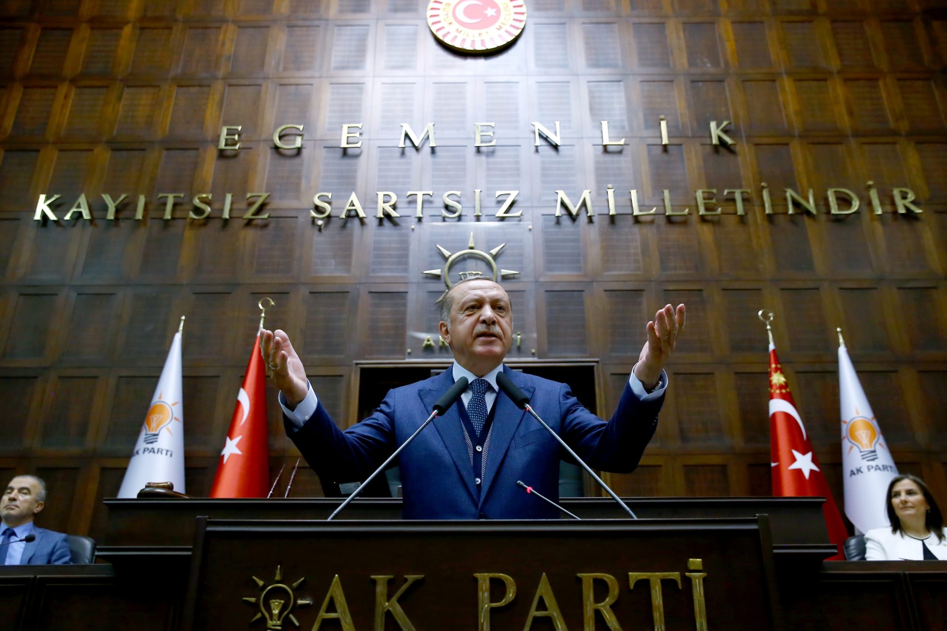 <p>Turkish President Tayyip Erdogan addresses members of parliament from his ruling AK Party (AKP) during a meeting at the Turkish parliament (Kayhan Ozer/Presidential Palace/Handout/Reuters).</p>
