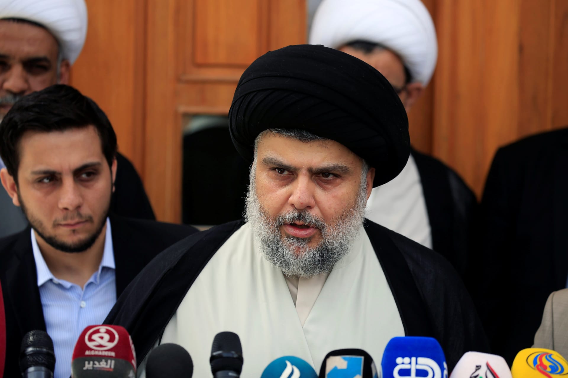 <p>Iraqi Shi’ite cleric Moqtada al-Sadr speaks during a media conference with Iraqi Defense Minister Arfan al-Hayali and Iraq’s Interior Minister Qasim al-Araji (not pictured) in Najaf, Iraq (Alaa Al-Marjani/Reuters).</p>
