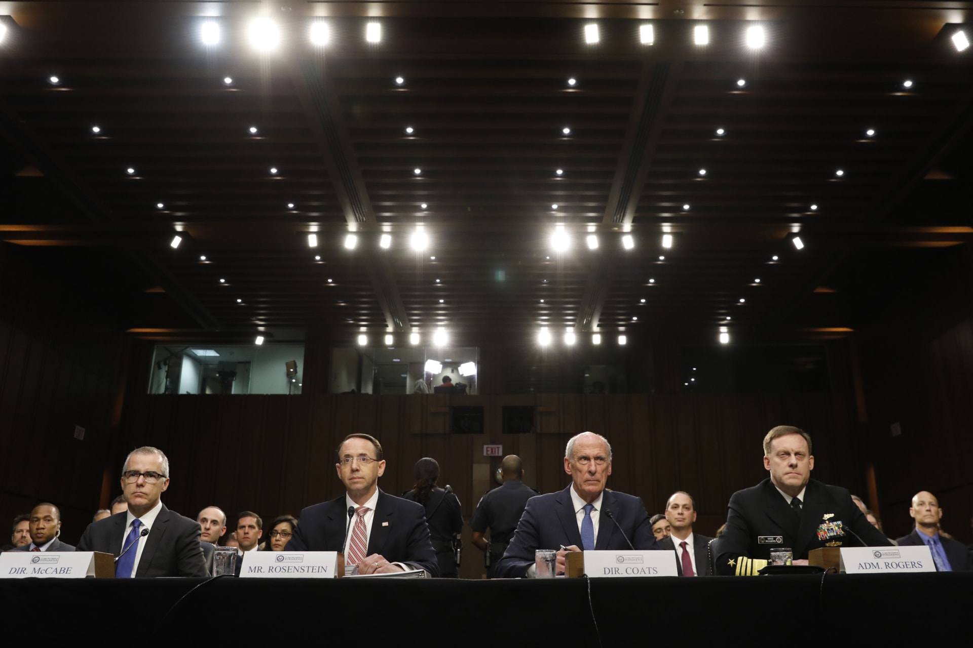 <p>Acting FBI Director Andrew McCabe, Deputy Attorney General Rod Rosenstein, Director of National Intelligence Daniel Coats, and National Security Agency Director Michael Rogers testify before the Senate Intelligence Committee on June 7, 2017</p>
