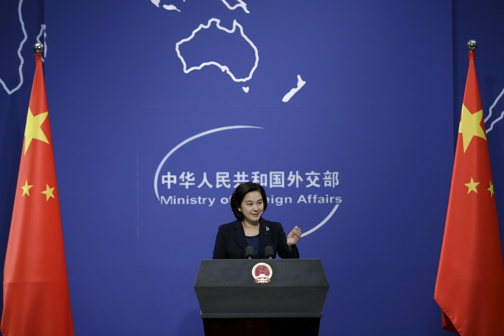 <p>Hua Chunying, spokeswoman of China’s Ministry of Foreign Affairs, gestures at a regular news conference in Beijing, China, January 6, 2016.</p>
