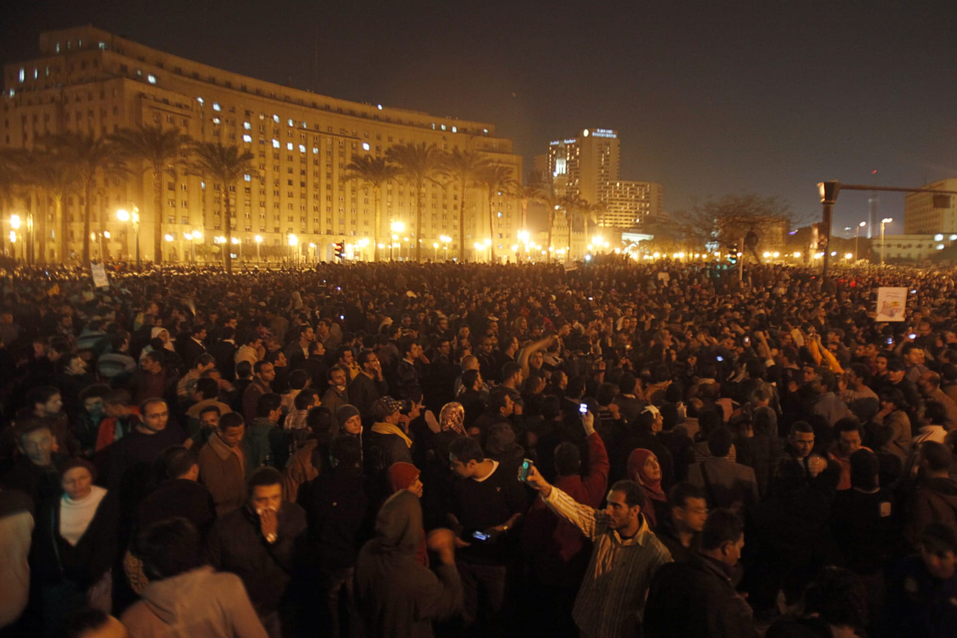 <p>Anti-government protesters take part in a demonstration at Tahrir Square on January 25, 2011.</p>
