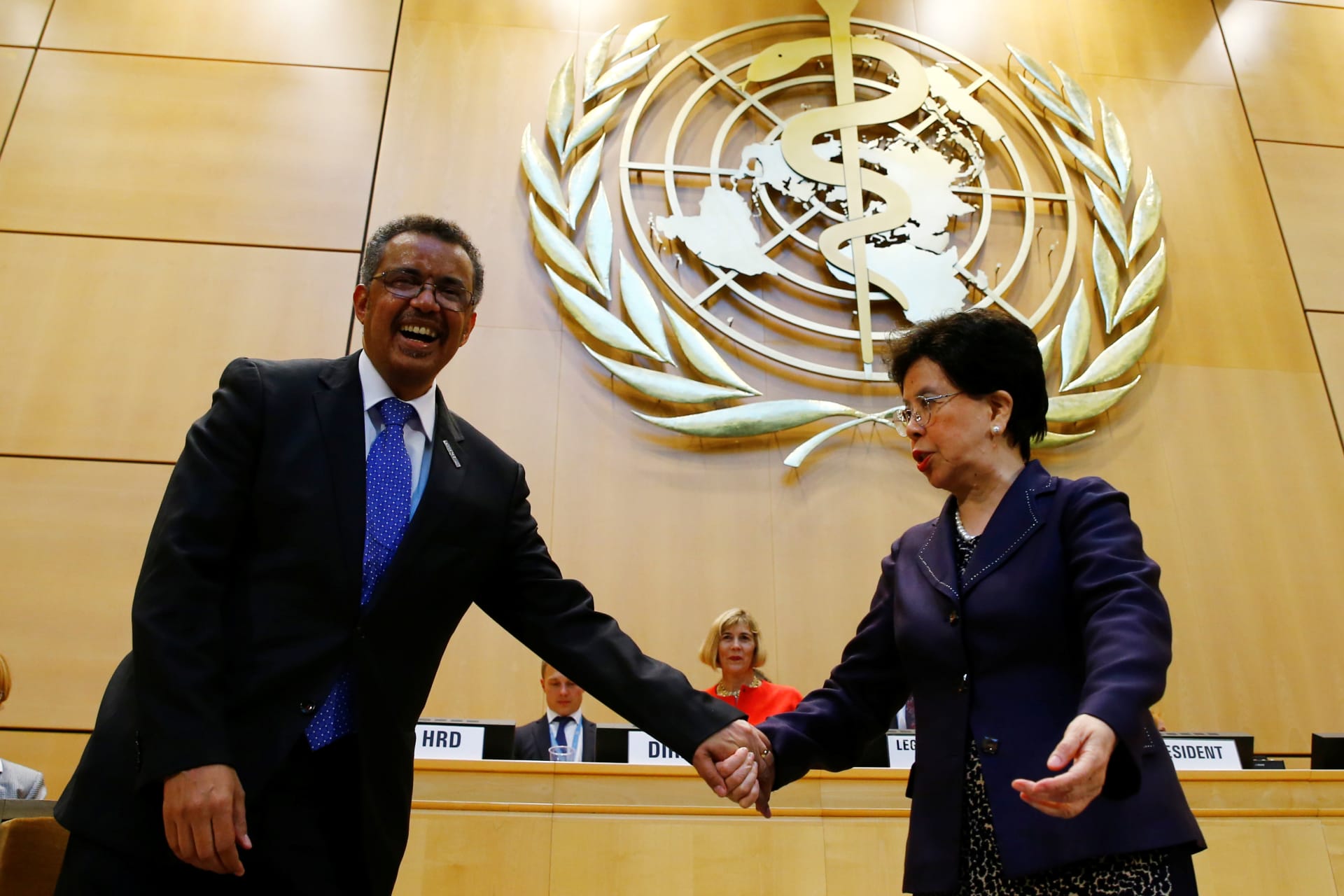 <p>Outgoing WHO Director General Margaret Chan (R) congratulates Tedros Adhanom Ghebreyesus after his election as the next WHO director general during the Seventieth World Health Assembly in Geneva, Switzerland, on May 23, 2017.</p>
