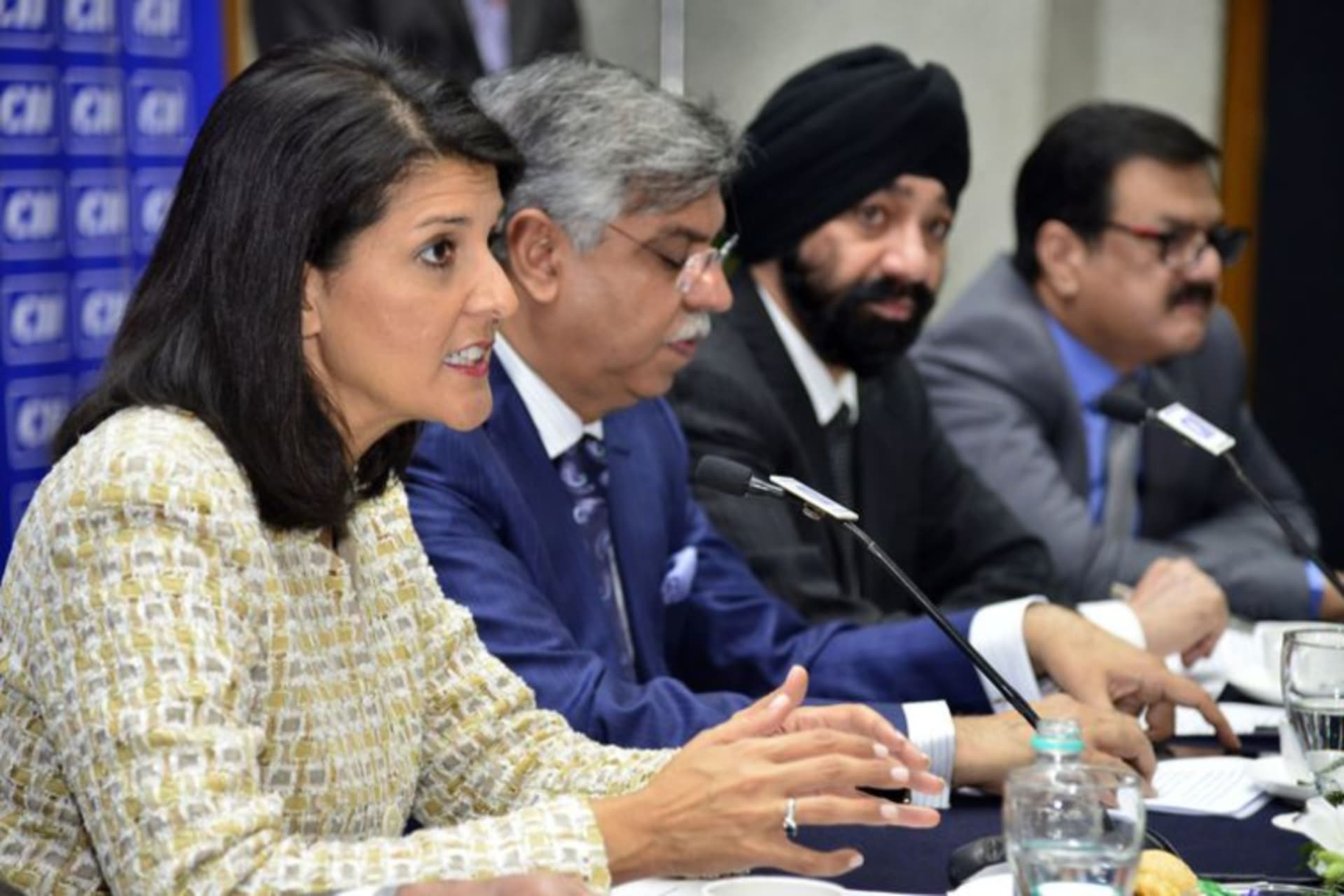 <p>Then Governor Nikki Haley of South Carolina at an interactive session with entrepreneurs organized by the Confederation of Indian Industry in Chandigarh on November 14, 2014.</p>
