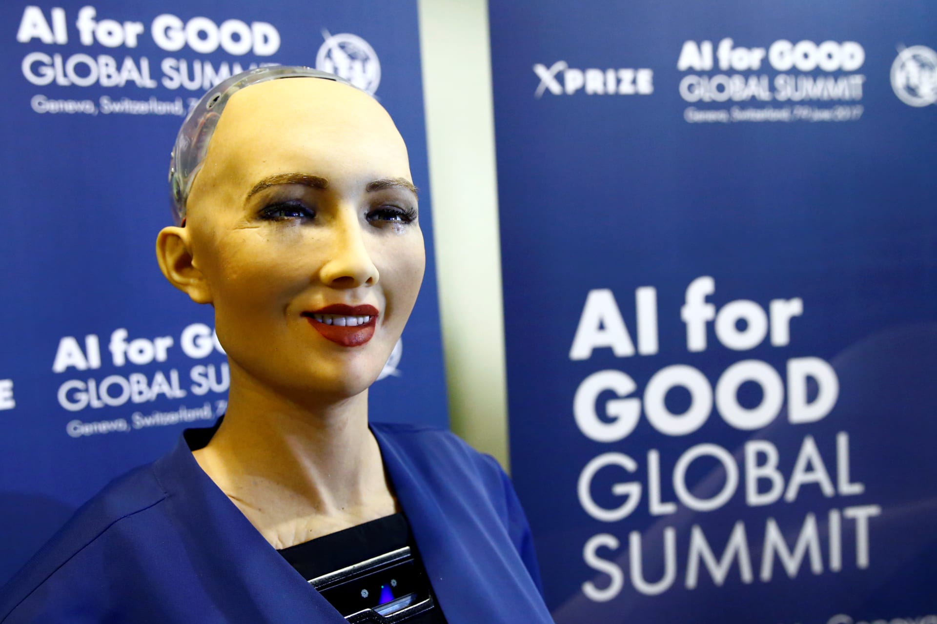 <p>Sophia, a robot integrating the latest technologies and artificial intelligence developed by Hanson Robotics is pictured during a presentation at the “AI for Good” Global Summit at the International Telecommunication Union (ITU) in Geneva, Switzerland. </p>
