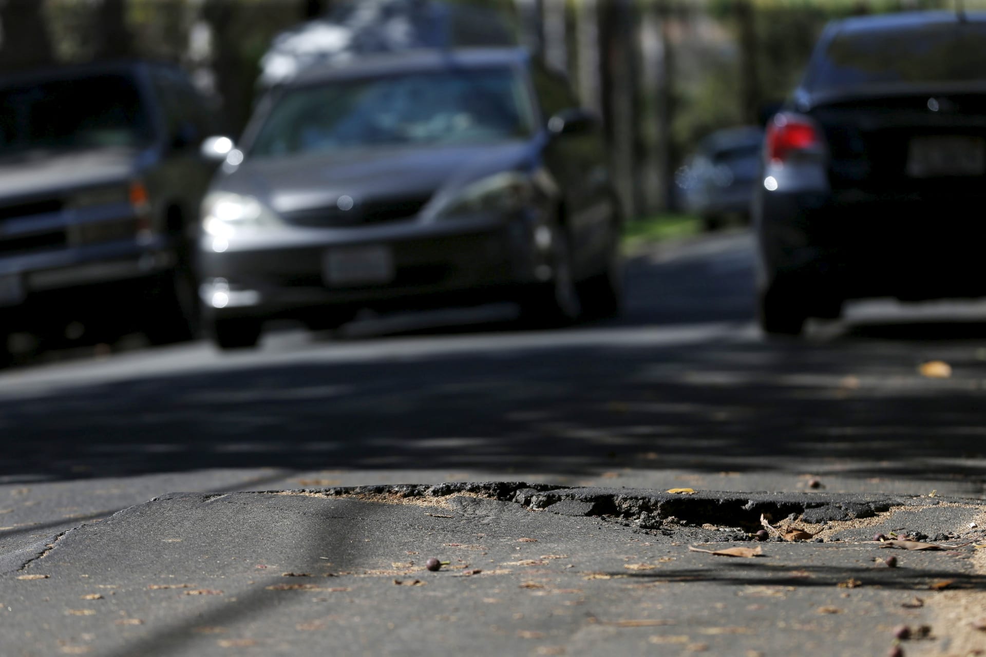 <p>A pothole is pictured on the street of Los Angeles, California</p>
