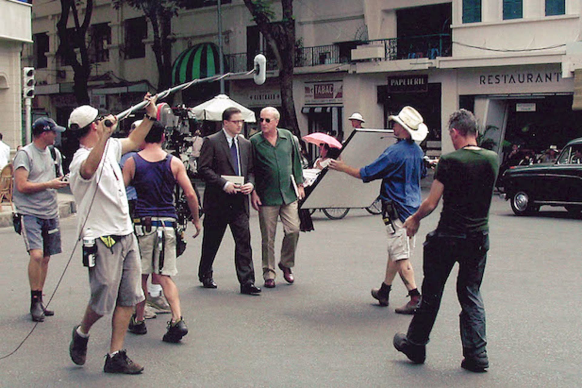 <p>Brendan Fraser and Michael Caine on the set of The Quiet American </p>
