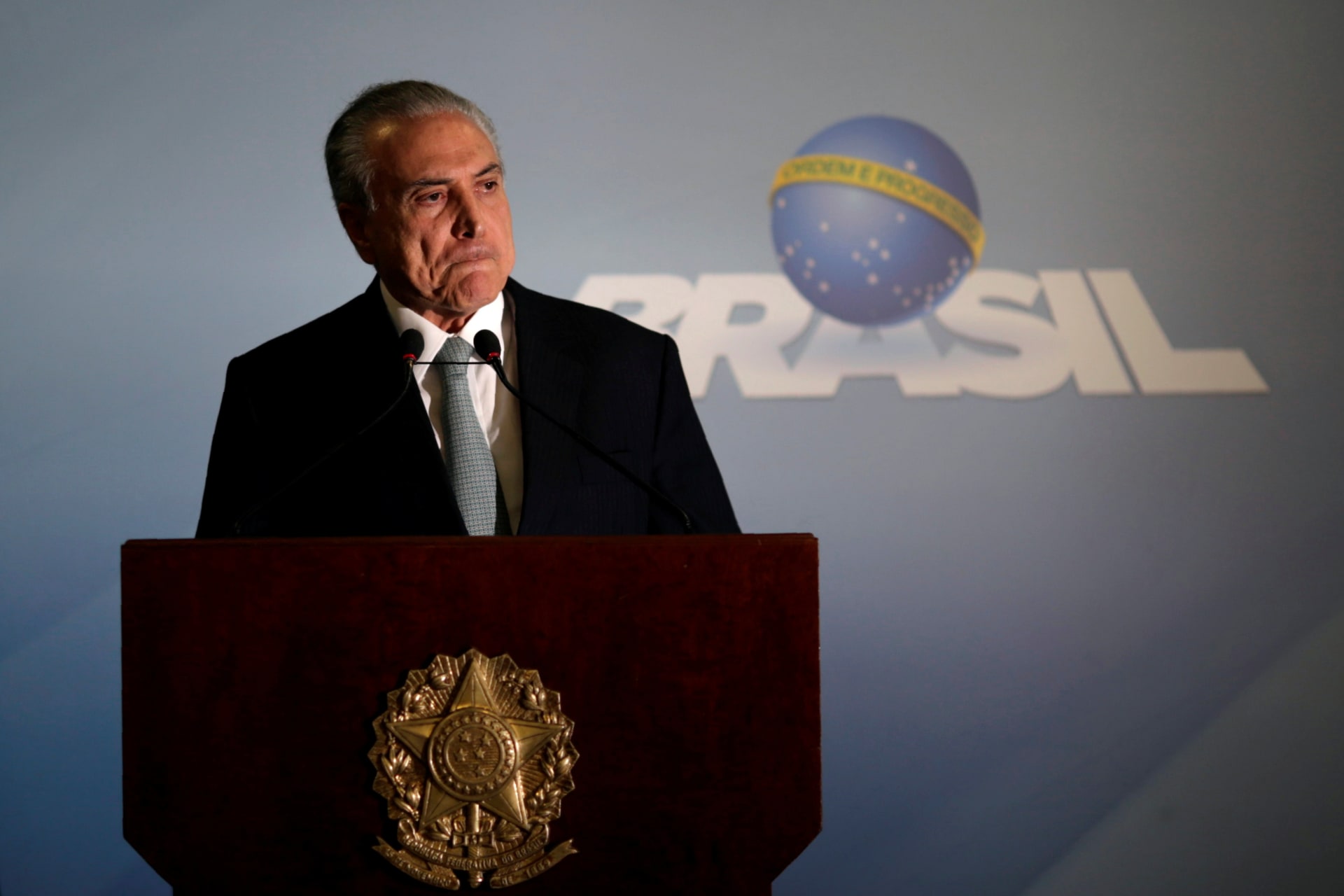<p>Brazil’s President Michel Temer speaks at the Planalto Palace in Brasilia, Brazil, May 18, 2017. </p>

