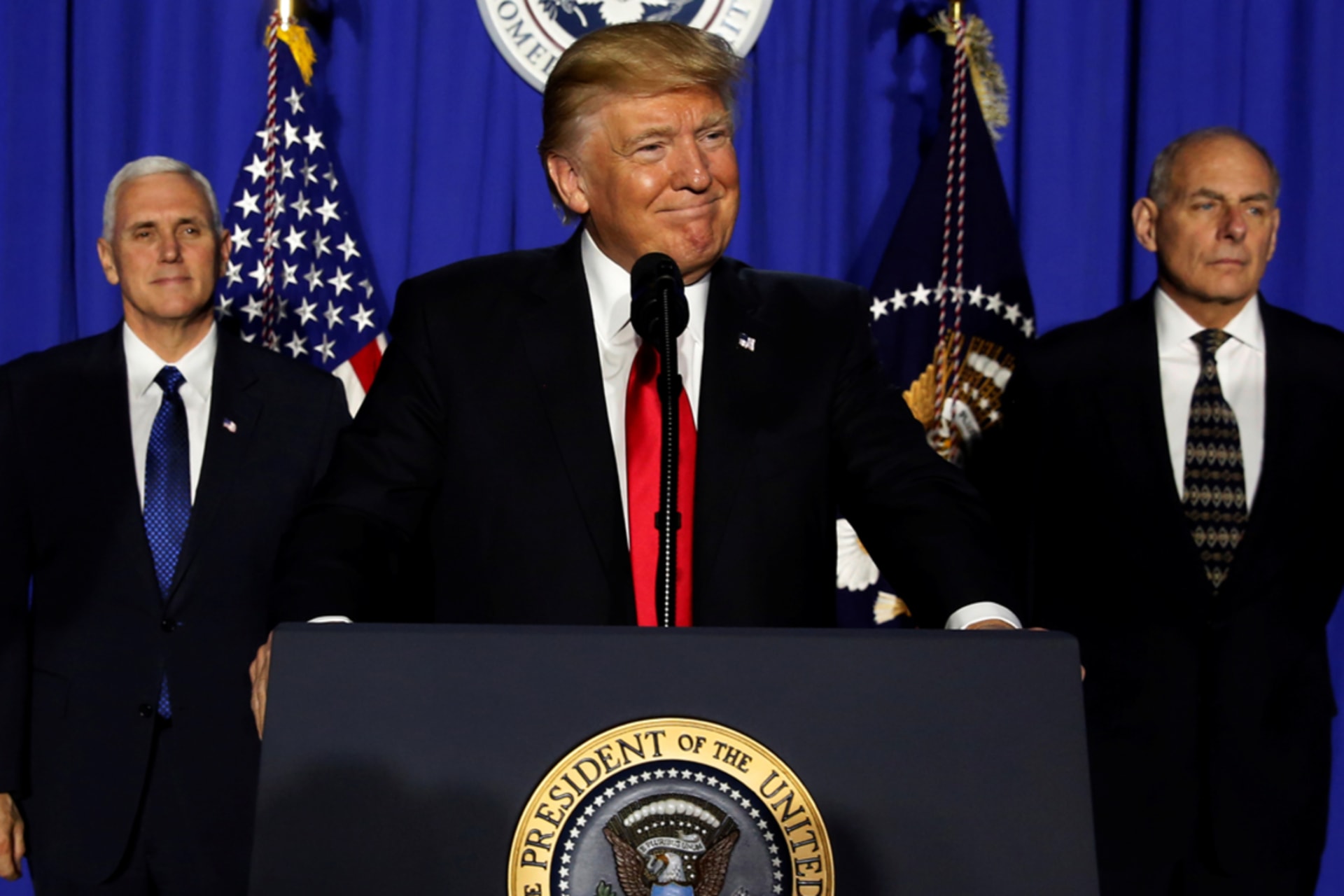 <p>President Donald J. Trump delivers remarks at Homeland Security headquarters in Washington, DC.</p>
