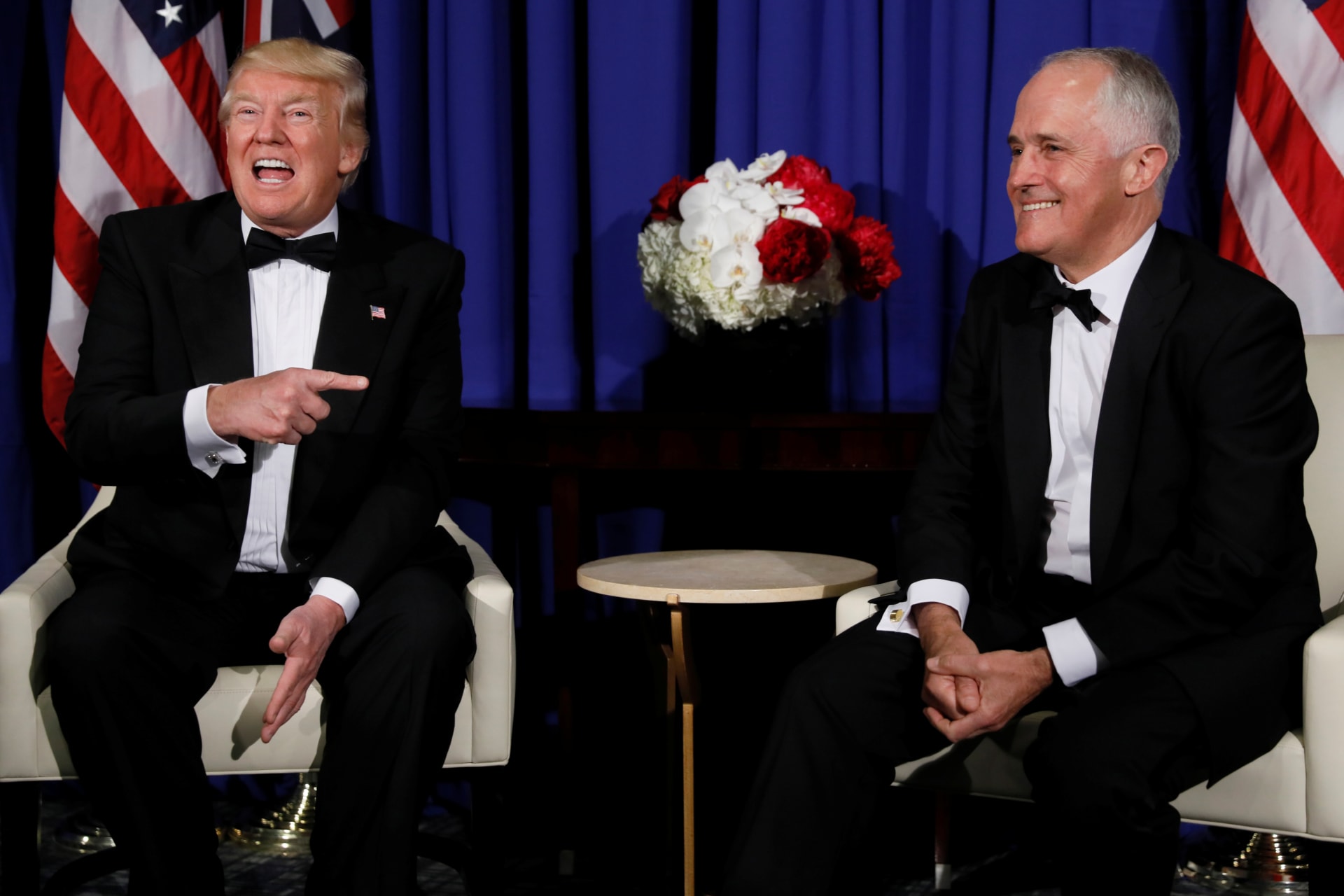 <p>U.S. President Donald Trump (L) and Australia’s Prime Minister Malcolm Turnbull (R) deliver brief remarks to reporters ahead of an event commemorating the 75th anniversary of the Battle of the Coral Sea, aboard the USS Intrepid Museum in New York.</p>

