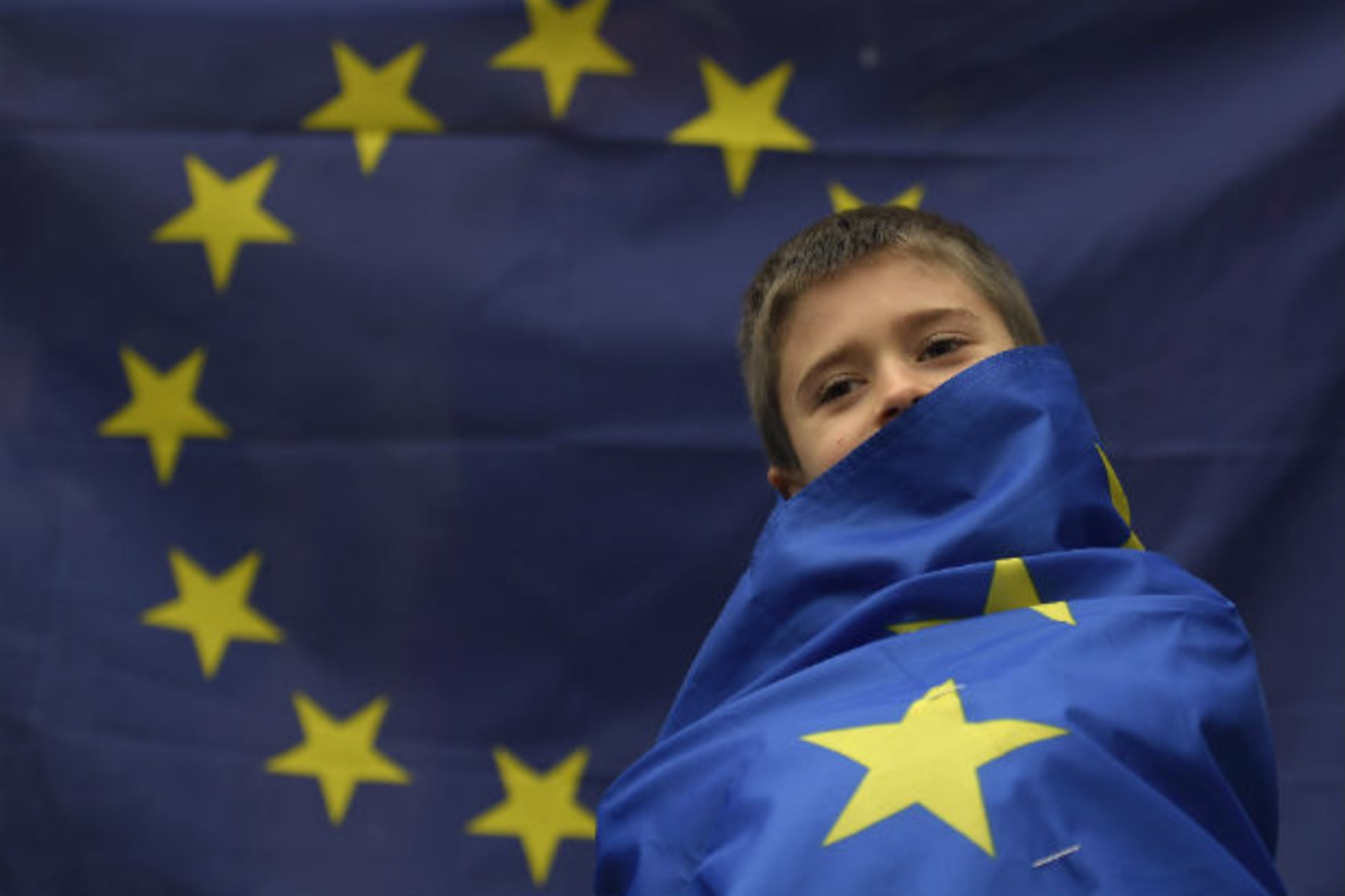 <p>A demonstrator wears an EU flag.</p>
