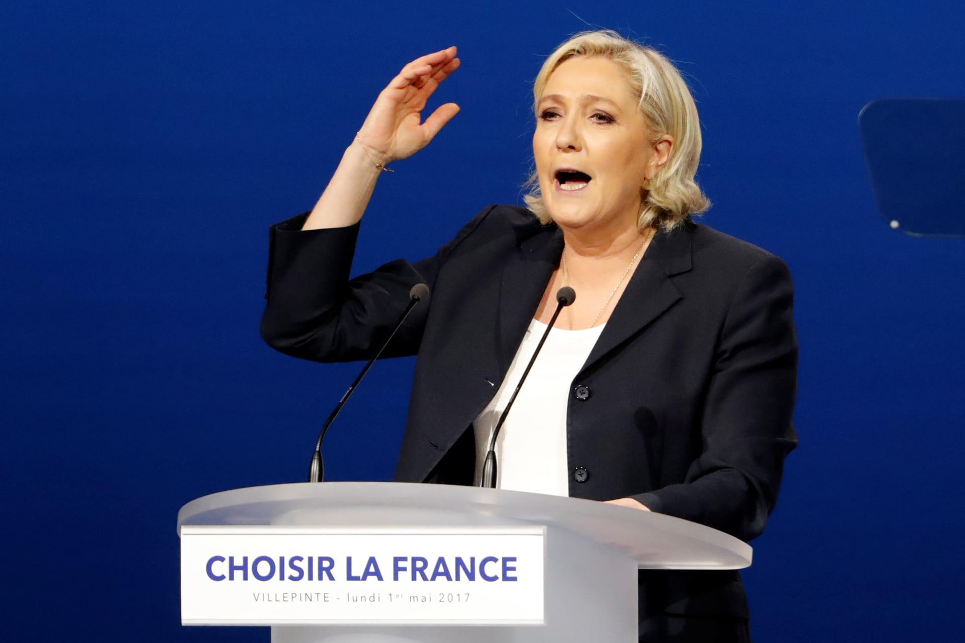 <p>Marine Le Pen, French National Front (FN) candidate for 2017 presidential election delivers a speech during a campaign rally in Villepinte, near Paris (Charles Platiau/Reuters).</p>
