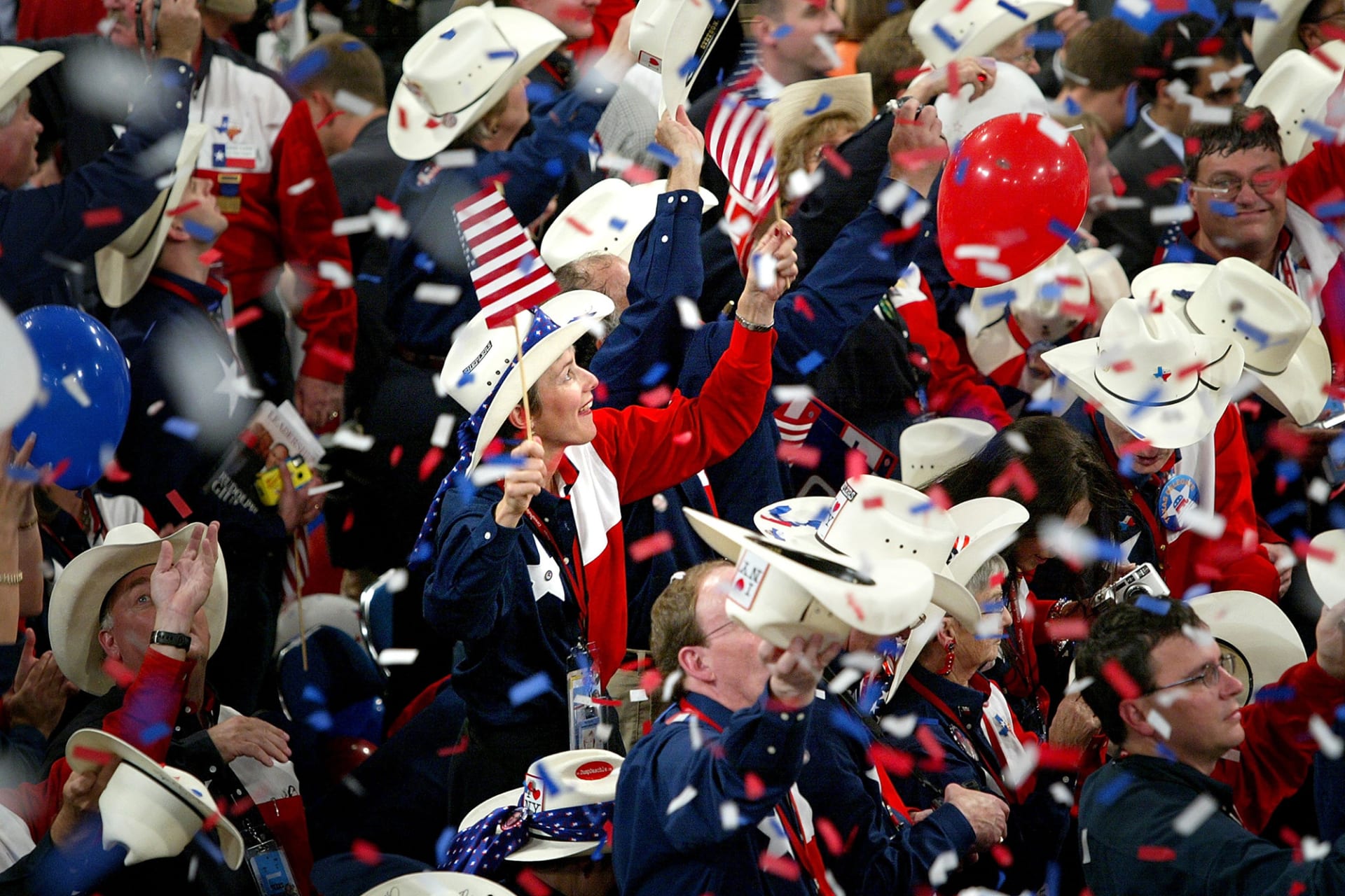 <p>Delegates cheer on the floor of the 2004 Republican National Convention in New York City.</p>
