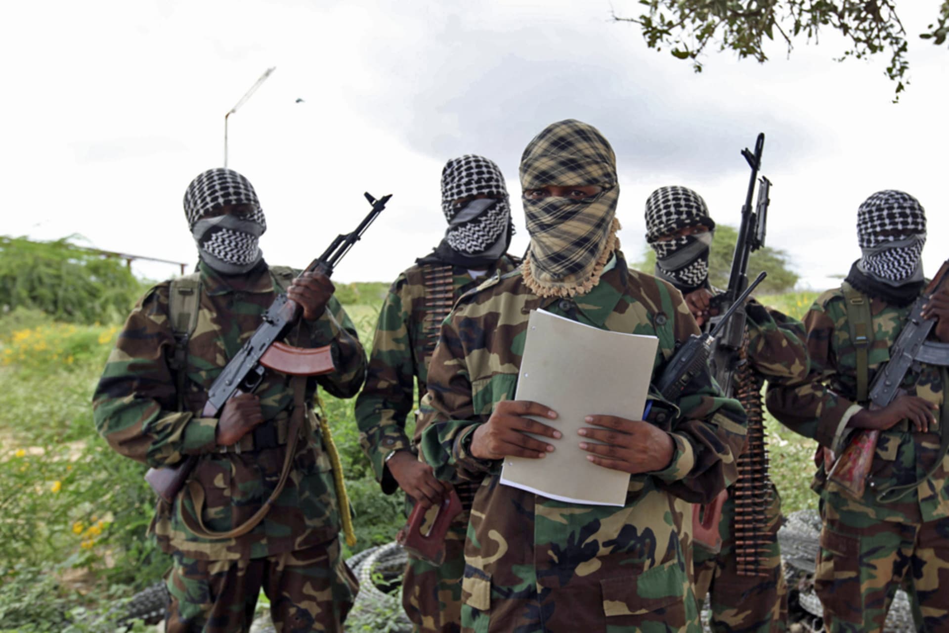 <p>A military spokesperson for al-Shabaab issues a statement from south of Mogadishu. </p>
