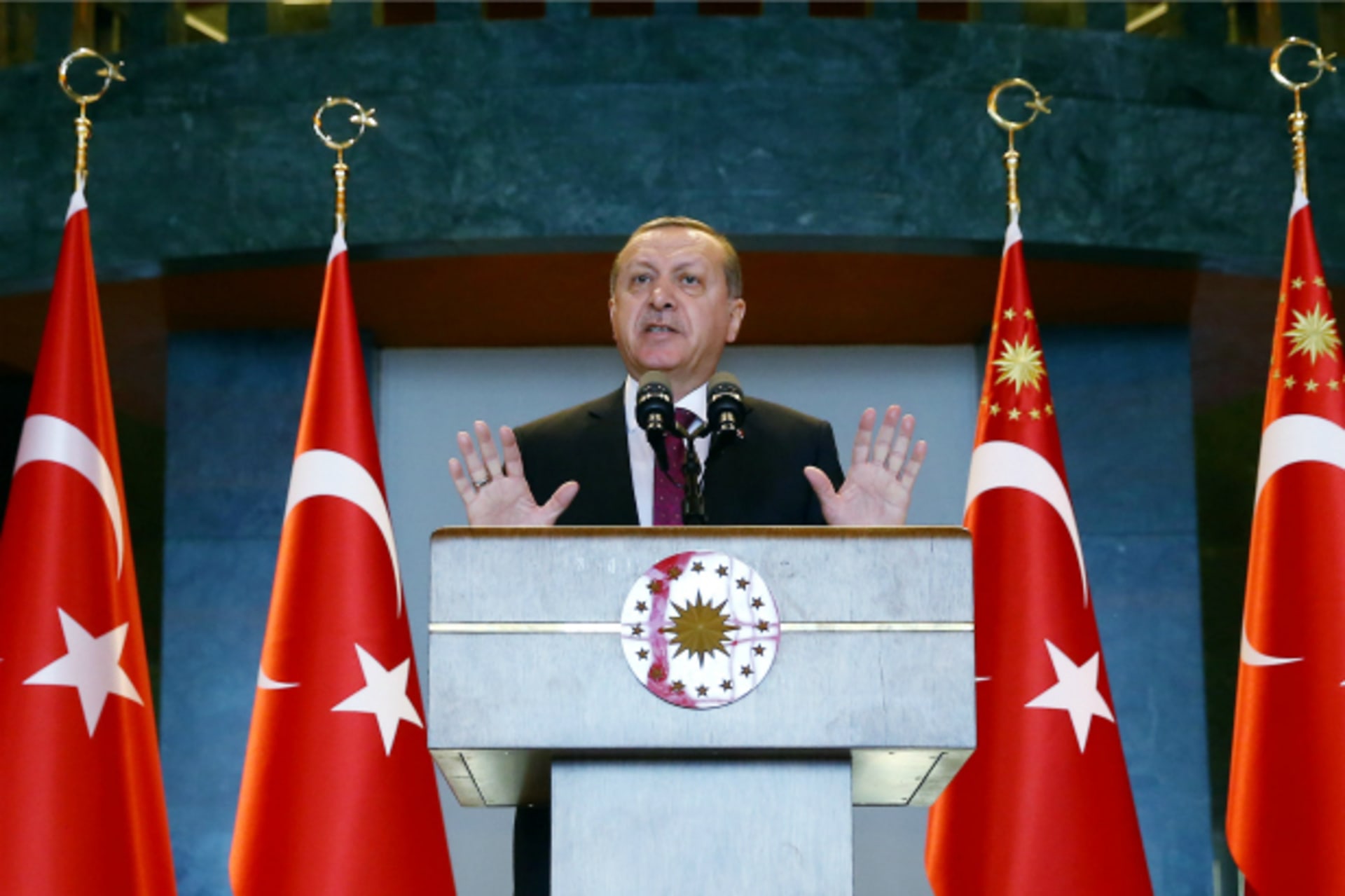 <p>Turkey’s President Tayyip Erdogan addresses district governors at the Presidential Palace in Ankara, Turkey (Kayhan Ozer/Handout/Reuters).</p>