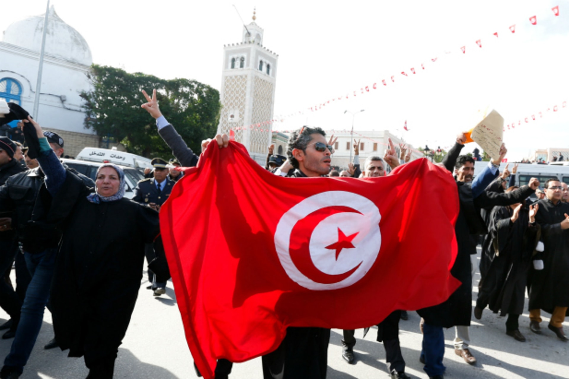 <p>Tunisian lawyers demonstrate against the government’s proposed new taxes, near the courthouse in Tunis, Tunisia (Zoubeir Souissi/Reuters).</p>

