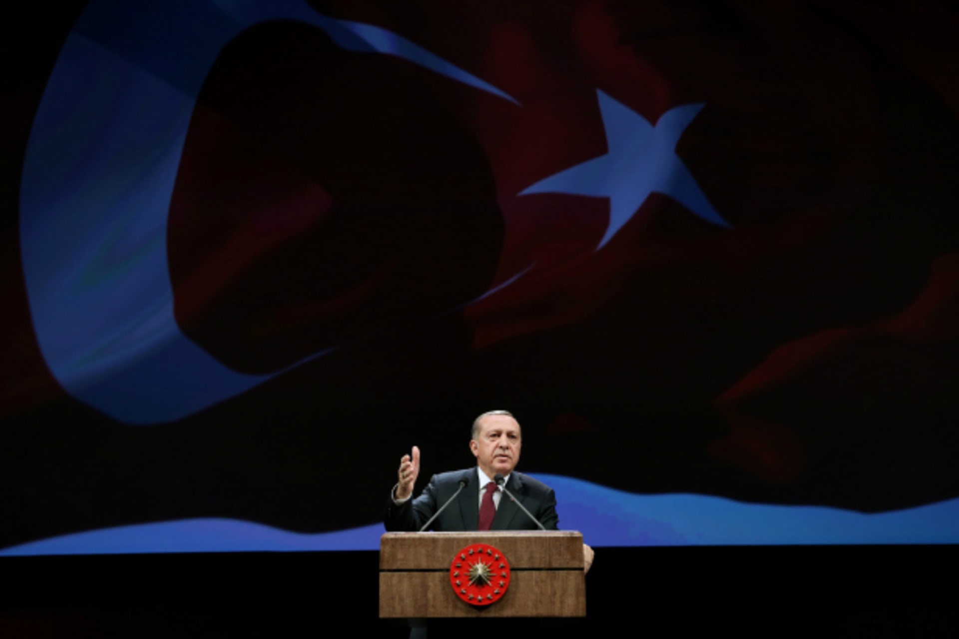 <p>Turkish President Tayyip Erdogan addresses police officers and cadets during a conference in Ankara, Turkey (Handout/Reuters).</p>
