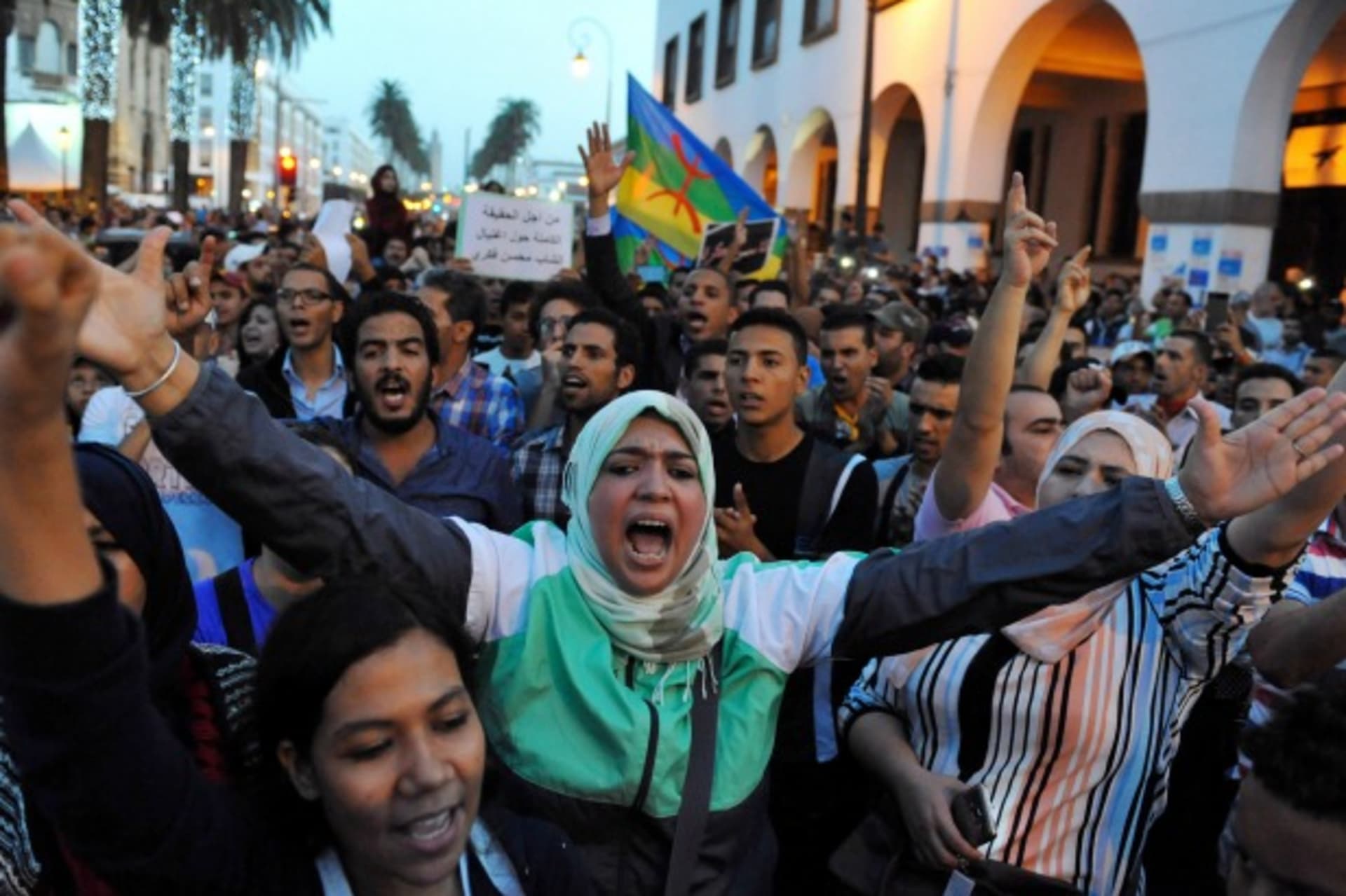 <p>Protests take part in a rally called by the February 20 Movement in Rabat after a fishmonger in the northern town of Al Hoceima was crushed to death inside a rubbish truck as he tried to retrieve fish confiscated by police (Stringer/Reuters).</p>
