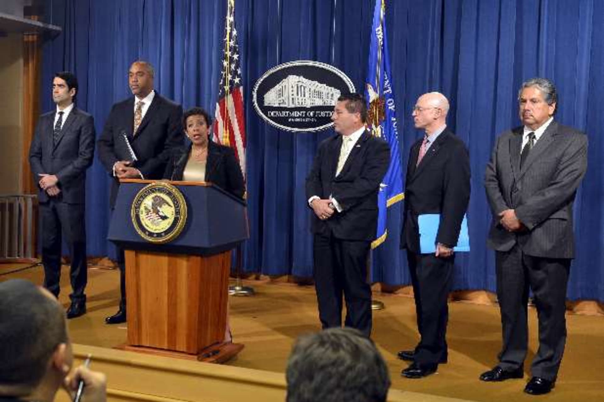<p>U.S. Attorney General Loretta Lynch (3rd L) makes remarks at a news conference to announce a law enforcement action relating t…redo Hawit and Juan Angel Napout have been arrested by Swiss authorities in the ongoing soccer scandal (Reuters/Mike Theiler).</p>

