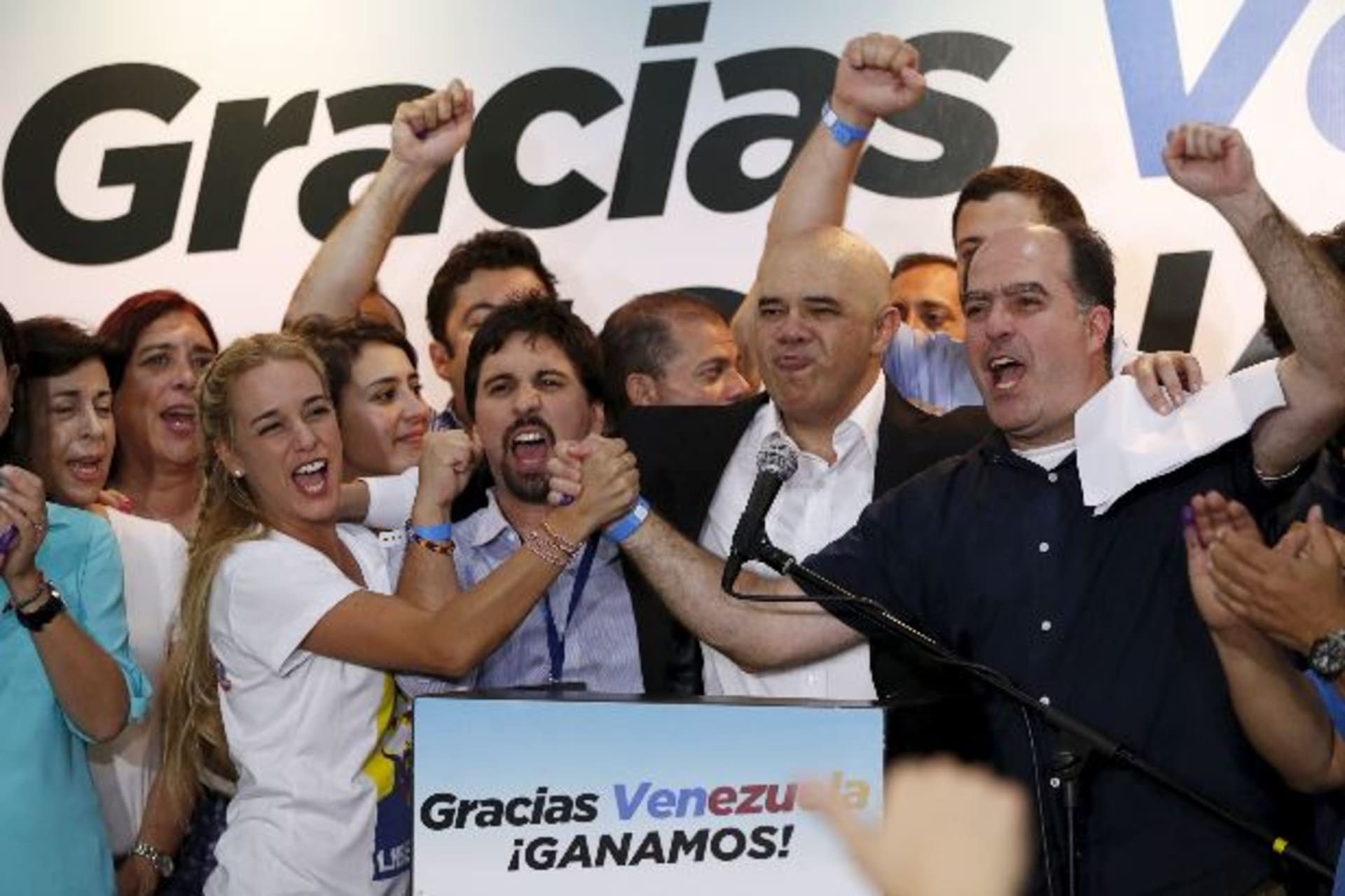 <p>Lilian Tintori (centre L), wife of jailed Venezuelan opposition leader Leopoldo Lopez, celebrates next to candidates of the Ve… 16 years on Sunday, giving them a long-sought platform to challenge President Nicolas Maduro (Reuters/Carlos Garcia Rawlins).</p>
