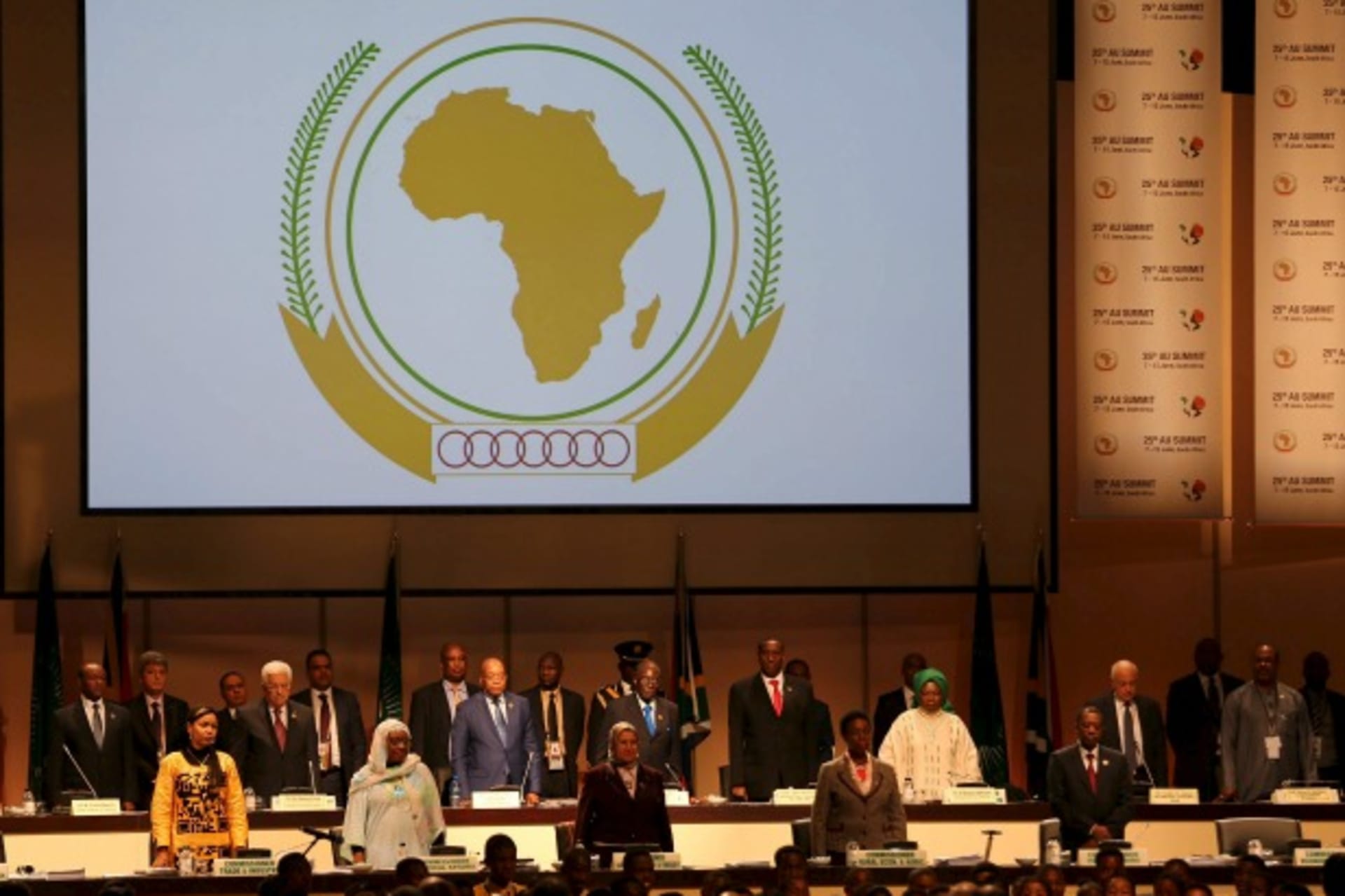 <p>Leaders of the AU stand during the opening of the 25th African Union summit in Johannesburg June 14, 2015. A South African cou…e was attending an African Union summit, until the judge hears an application calling for his arrest. (Siphiwe Sibeko/Reuters)</p>
