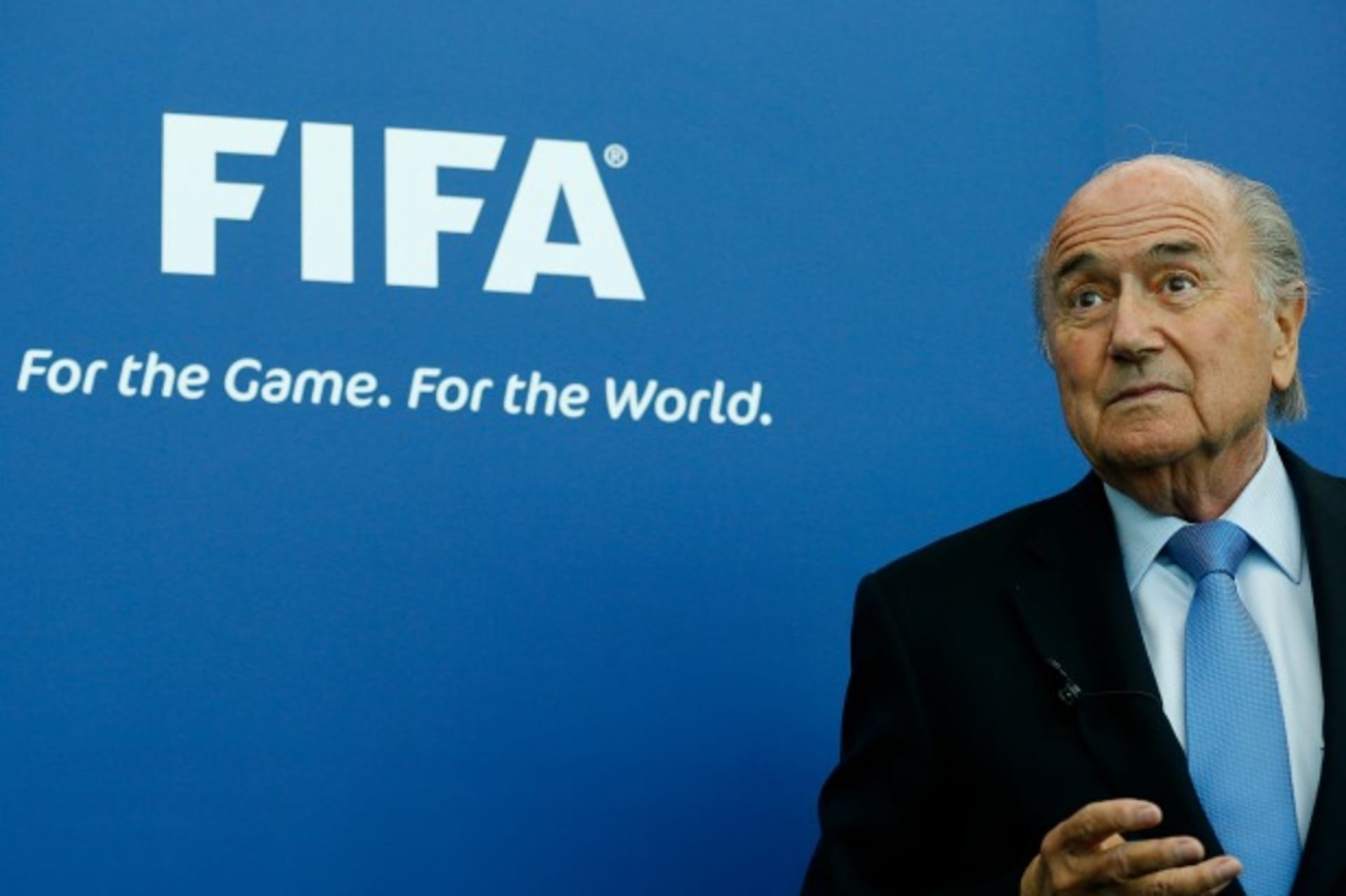 <p>FIFA President Sepp Blatter addresses the media after meeting the presidents of the soccer federations of Israel and Palestine at the FIFA headquarters in Zurich September 3, 2013. (Arnd Wiegmann/Reuters)</p>