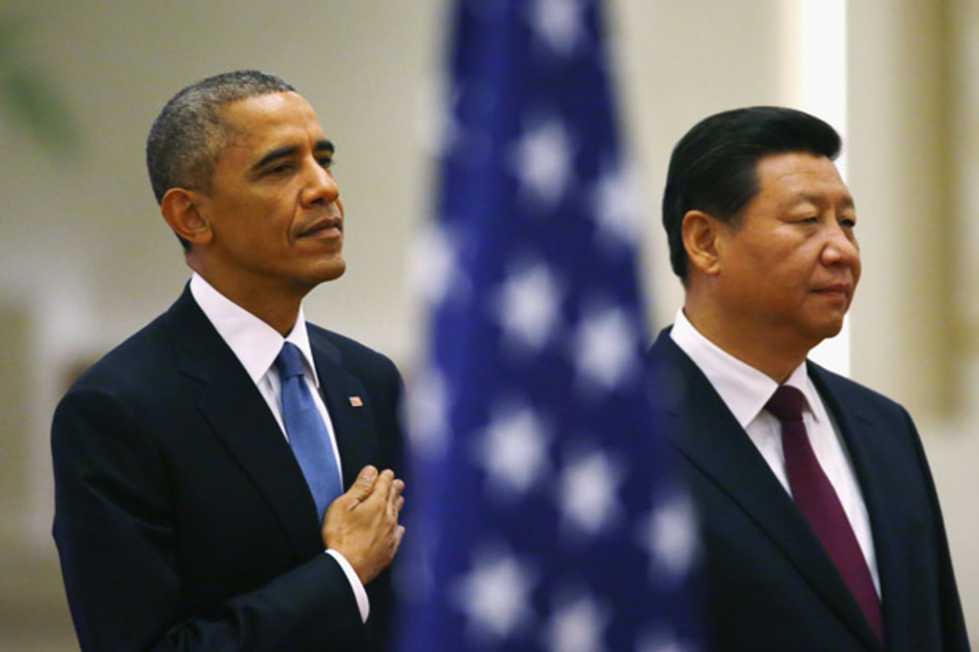 <p>Barack Obama Xi Jinping national anthems U.S. flag Great Hall of the People Beijing</p>
