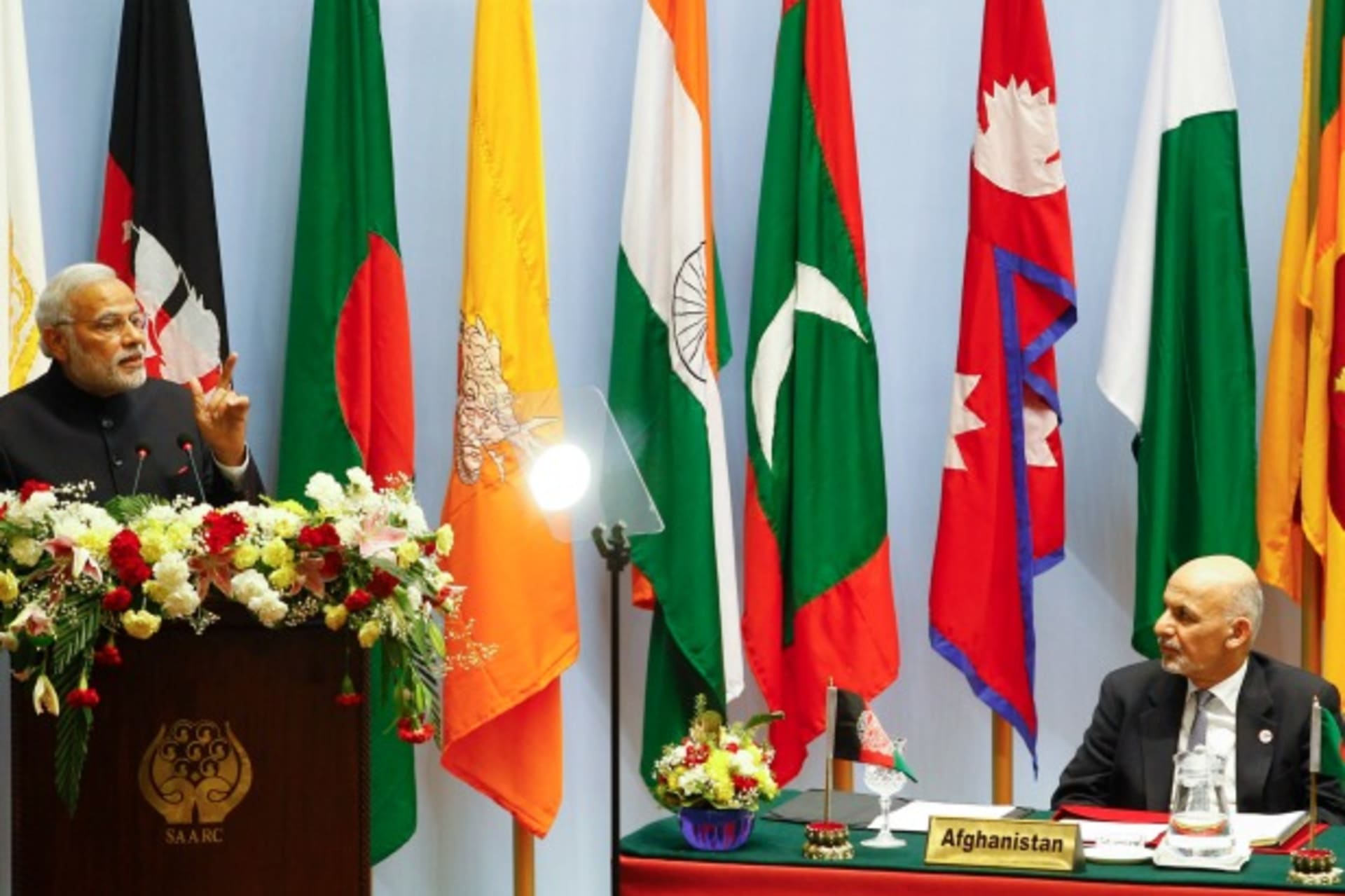 <p>India’s Prime Minister Narendra Modi (L) speaks as Afghanistan’s President Ashraf Ghani watches during the opening session of …n for Regional Cooperation (SAARC) summit in Kathmandu, Nepal, on November 26, 2014 (Courtesy Narendra Shrestha/Pool/Reuters).</p>
