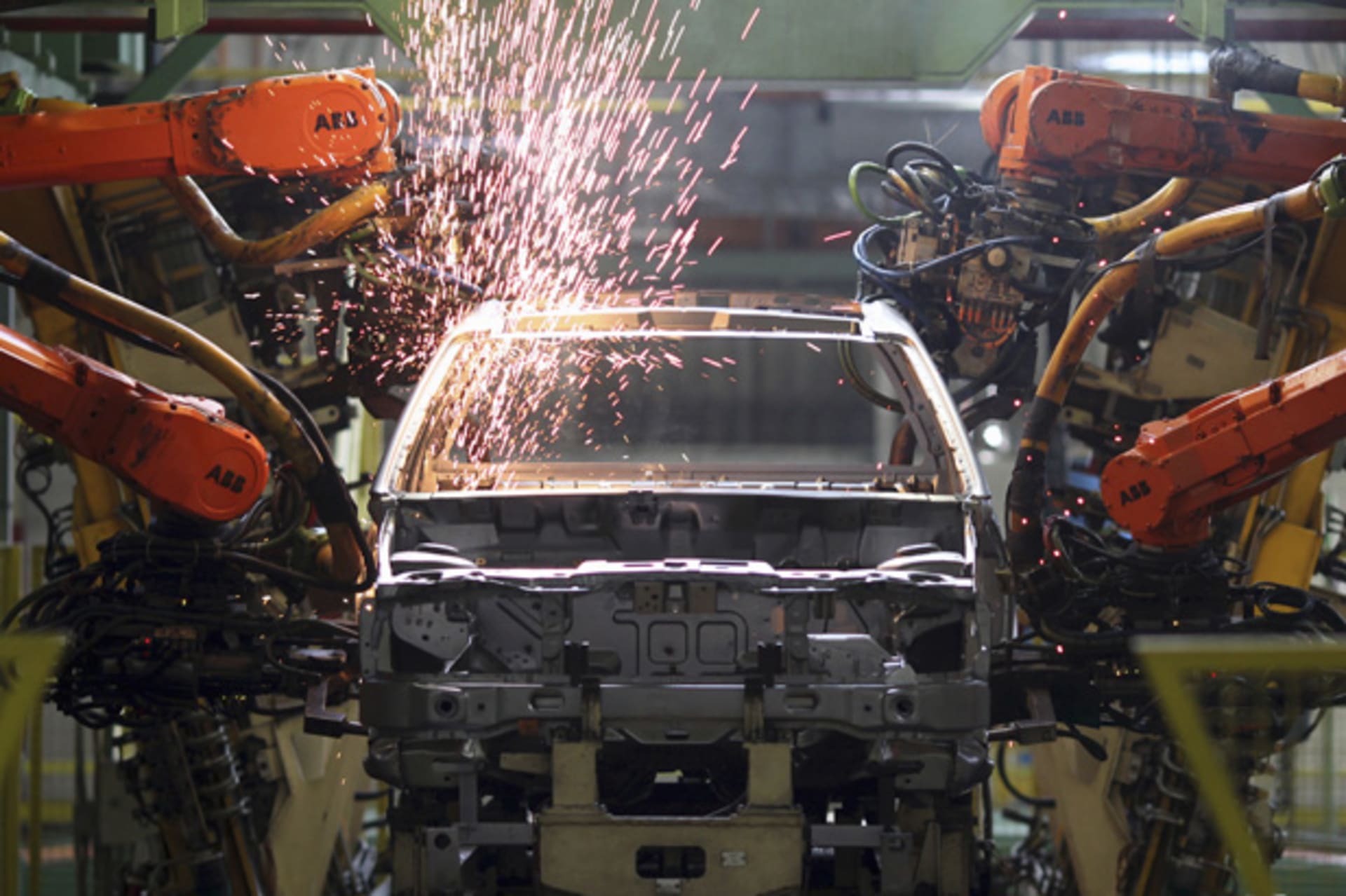 Robots weld cars at the Ford Motor Company's Sao Bernardo do Campo facility