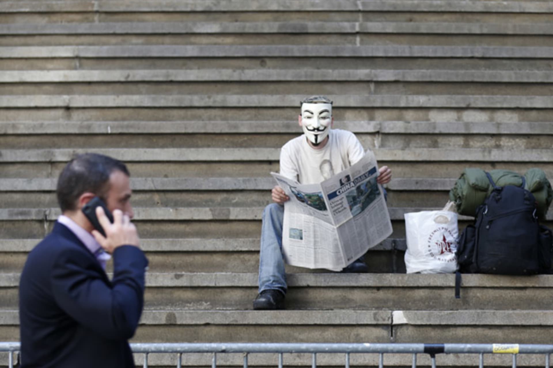 <p>Occupy Wall Street protester Federal Hall New York Stock Exchange New York</p>
