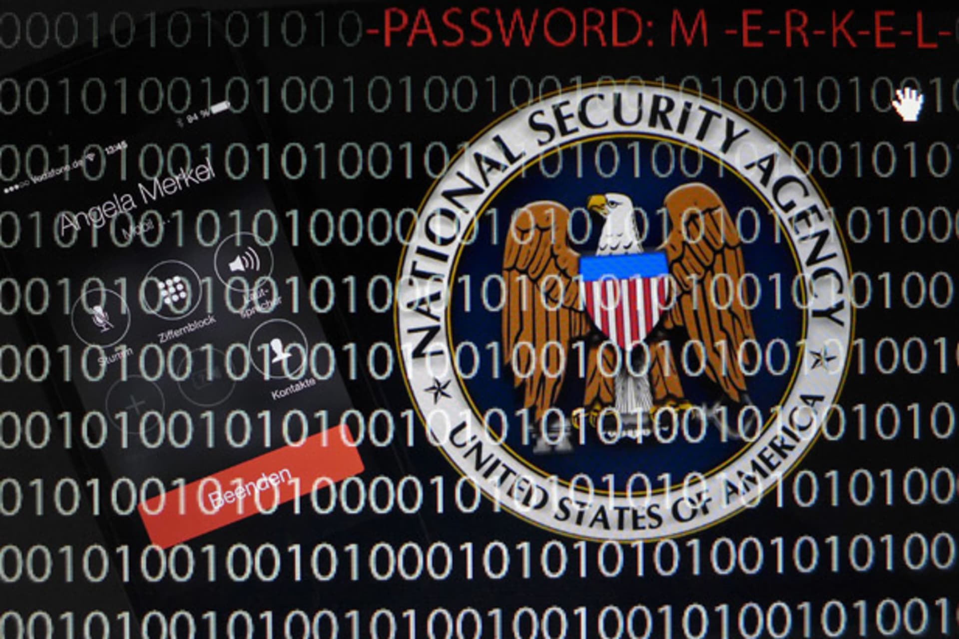 <p>A mobile phone simulating a call to German Chancellor Angela Merkel next to a tablet computer showing the logo of the United Staes’ National Security Agency (NSA) is seen in this multiple exposure picture illustration (Kai Pfaffenbach/Courtesy Reuters).</p>
