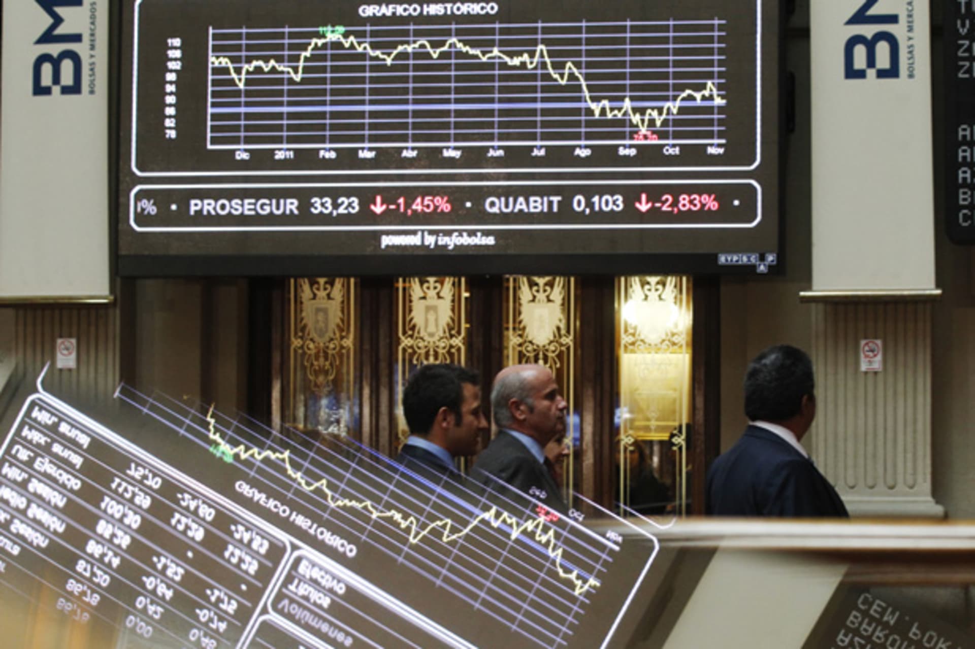 <p>People walk past screens at the bourse in Madrid, as they are reflected on the surfaces of tables (Andrea Comas/Courtesy Reuters).</p>
