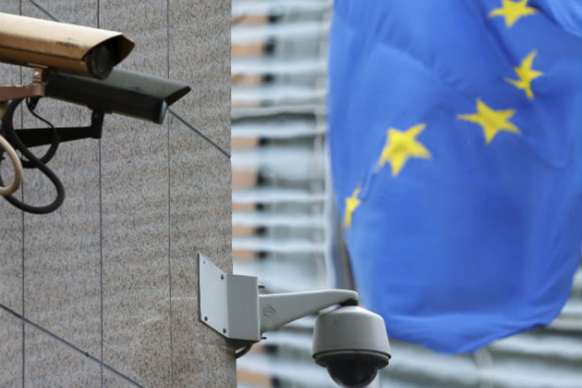 <p>Security cameras near the main entrance of the European Union Council building in Brussels (Francois Lenoir/Courtesy Reuters)</p>