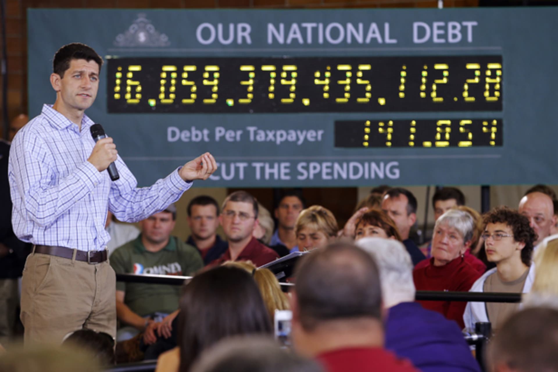 <p>U.S. Congressman Paul Ryan (R-WI) speaks in front of the “national debt clock” in New Hampshire, September 2012 (Brian Snyder/Courtesy Reuters.)</p>
