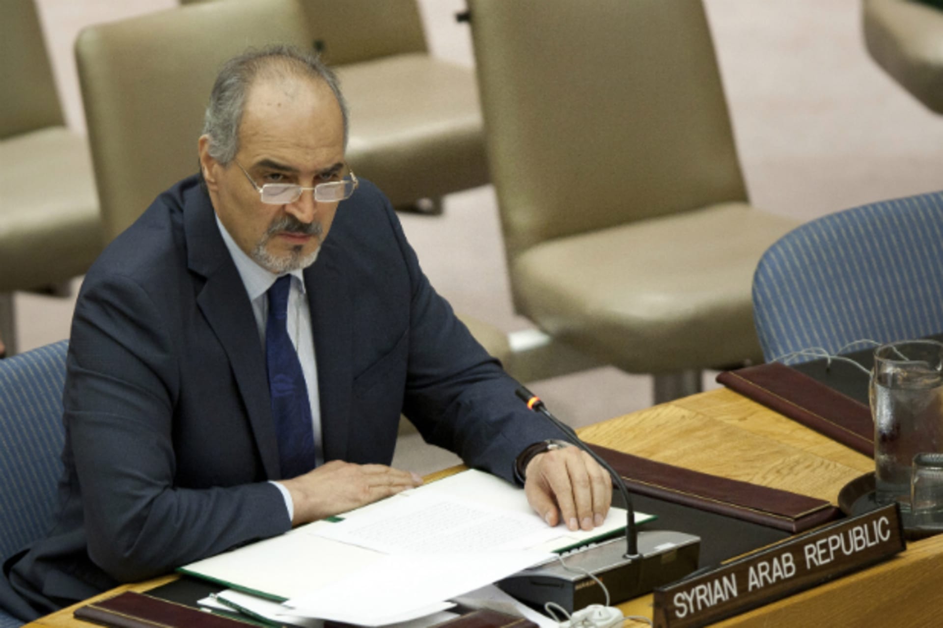 <p>Bashar Ja’afari, Syria’s ambassador to the United Nations, speaks during a Security Council meeting at the United Nations in New York April 21, 2012. (Courtesy REUTERS/Allison Joyce).</p>
