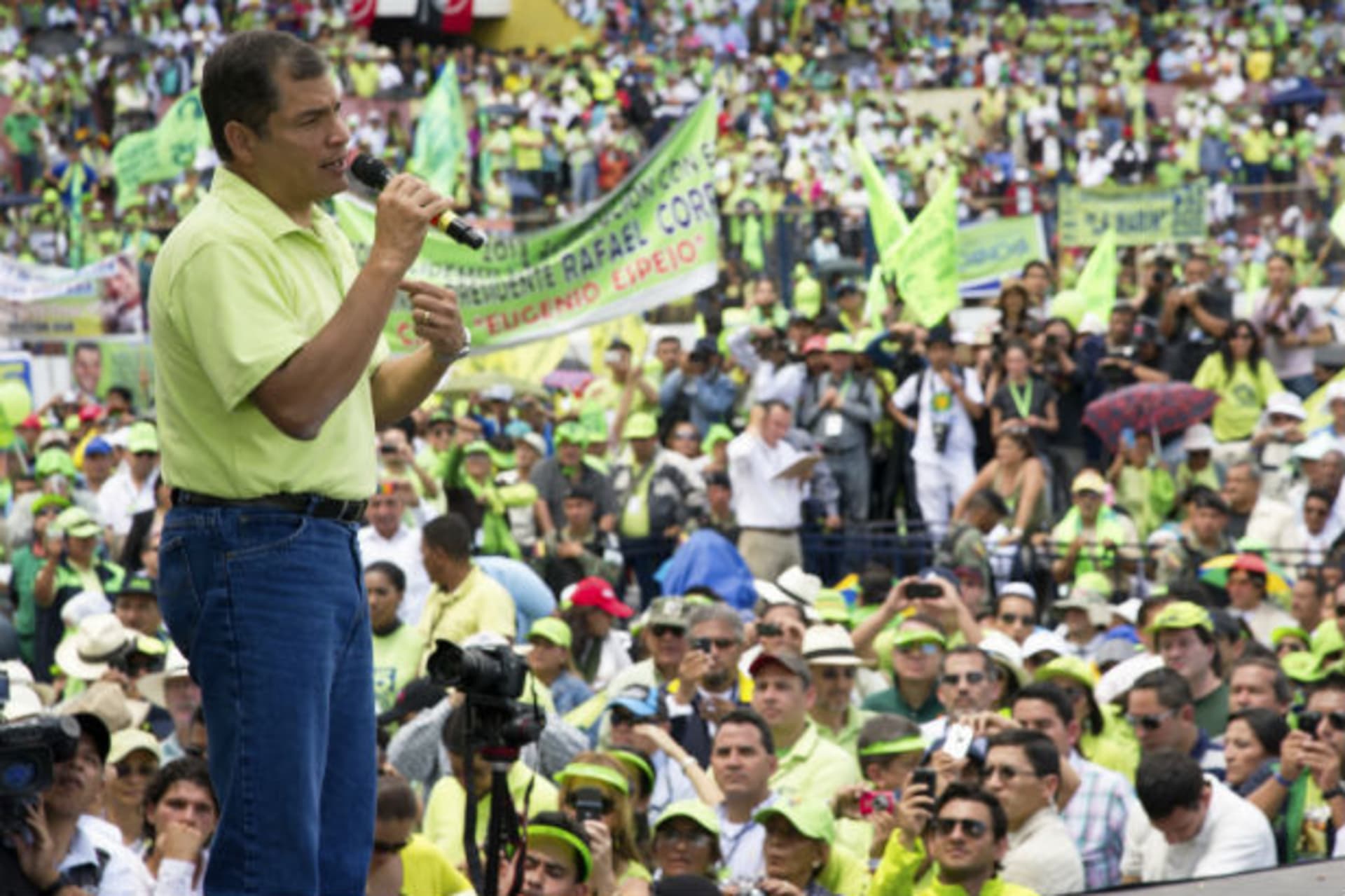 <p>Ecuador’s President Rafael Correa addresses supporters during a rally announcing his re-election bid for February of 2013, in Quito</p>

